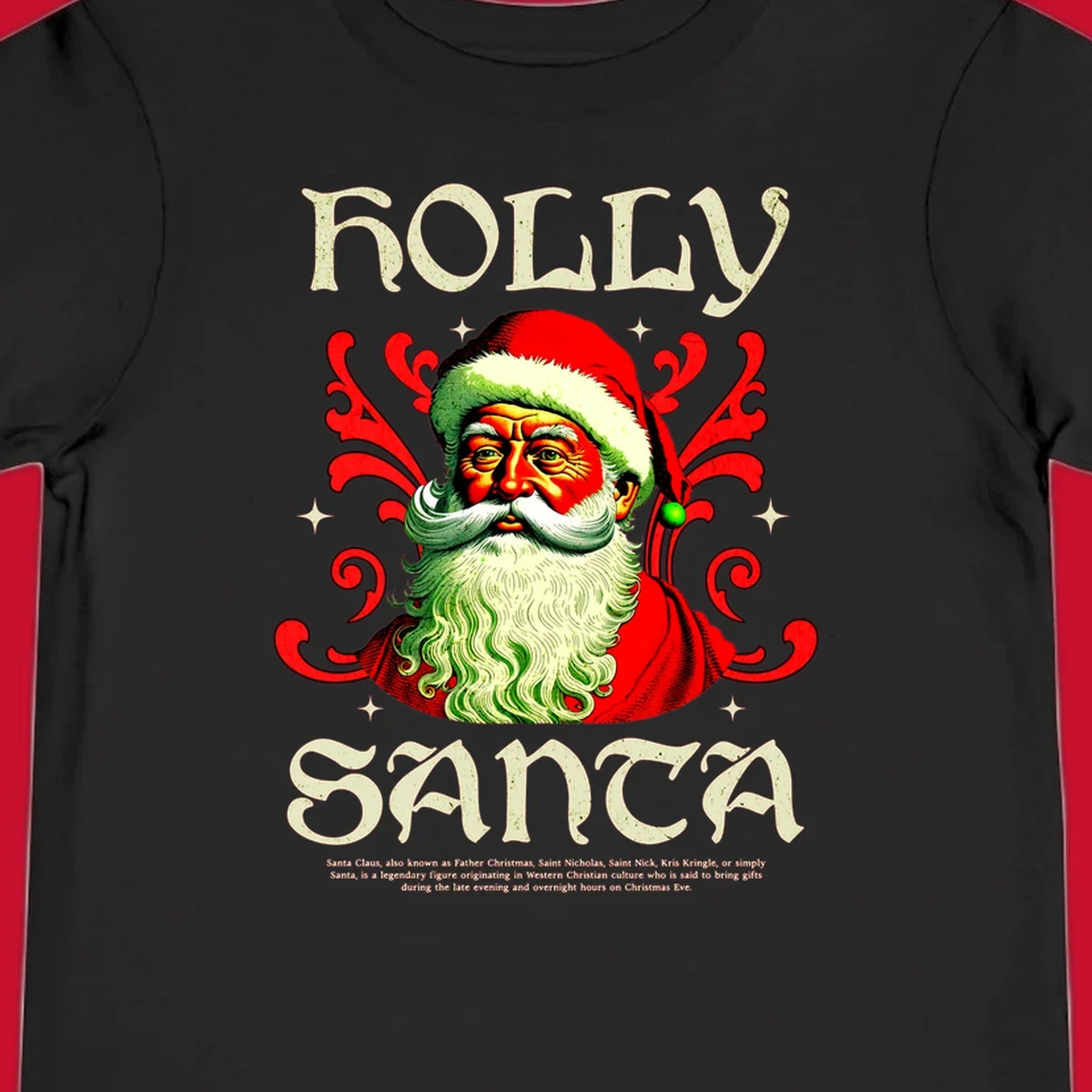Holly Jolly Santa Claus illustration with ornate swirls and stars. Text reads HOLLY SANTA.