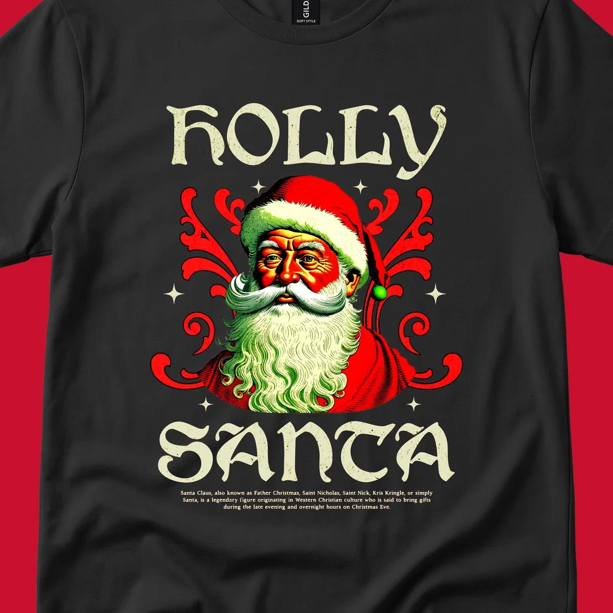 Holly Jolly Santa Claus illustration with ornate swirls and stars. Text reads HOLLY SANTA.