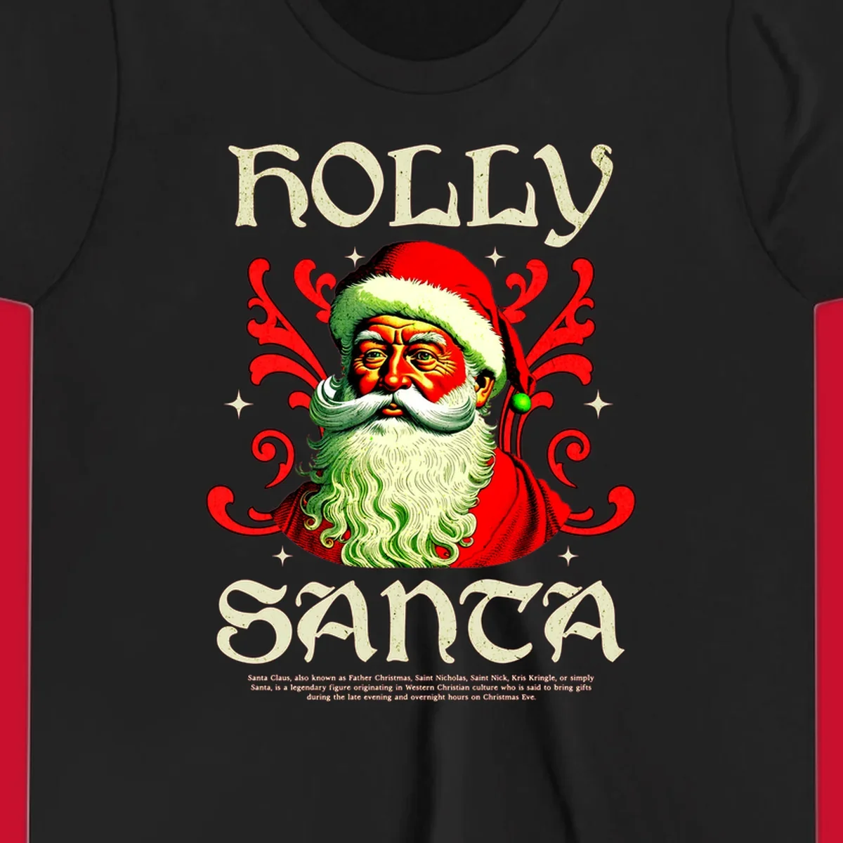 Holly Jolly Santa Claus illustration with ornate swirls and stars. Text reads HOLLY SANTA.