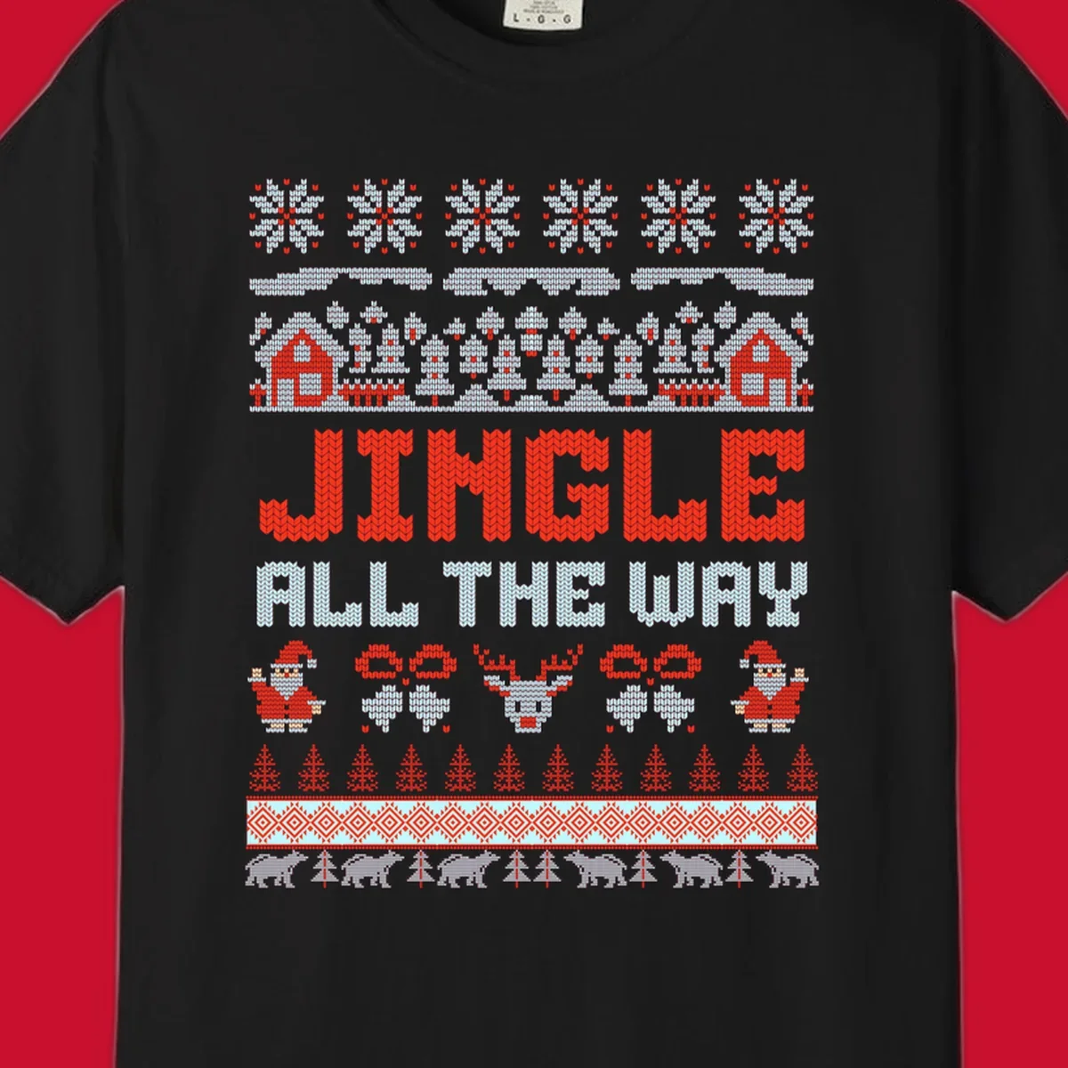 Jingle All The Way Christmas Ugly Sweater Design with Santa, Reindeer, and Snowflakes