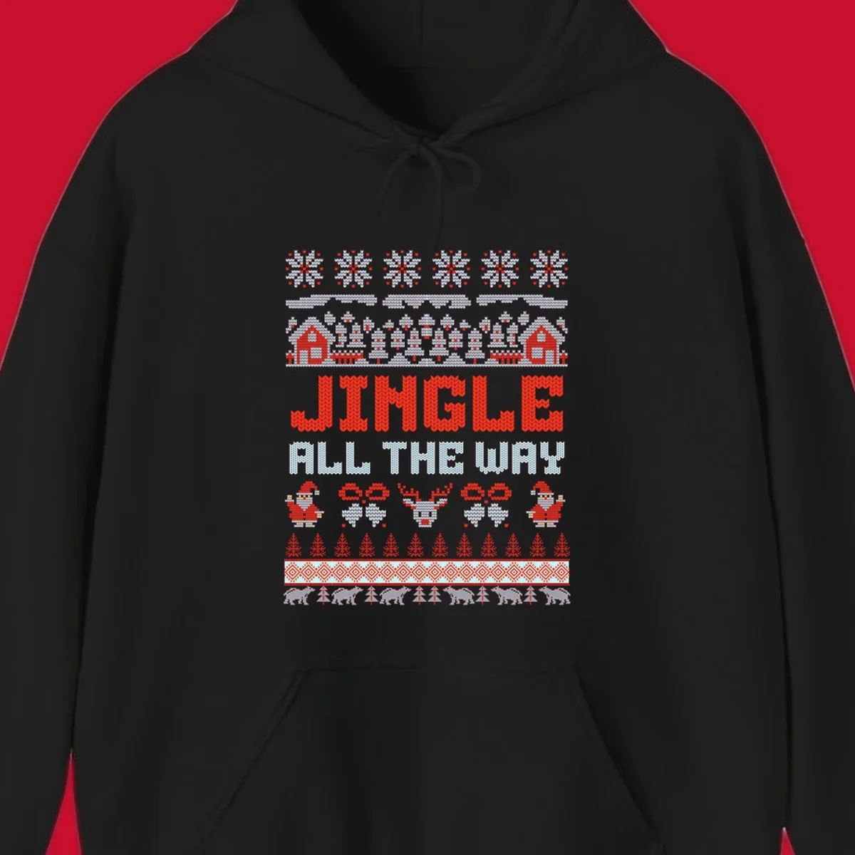 Jingle All The Way Christmas Ugly Sweater Design with Santa, Reindeer, and Snowflakes