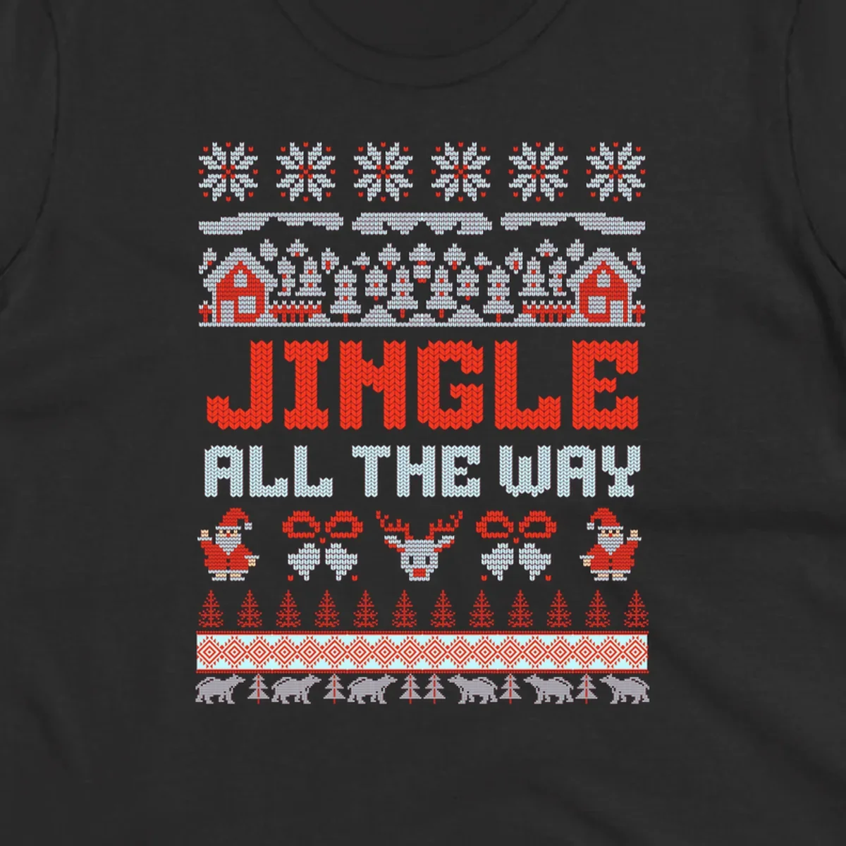 Jingle All The Way Christmas Ugly Sweater Design with Santa, Reindeer, and Snowflakes