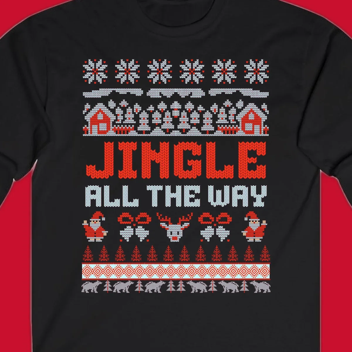 Jingle All The Way Christmas Ugly Sweater Design with Santa, Reindeer, and Snowflakes