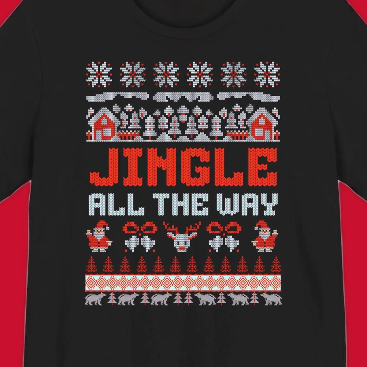 Jingle All The Way Christmas Ugly Sweater Design with Santa, Reindeer, and Snowflakes