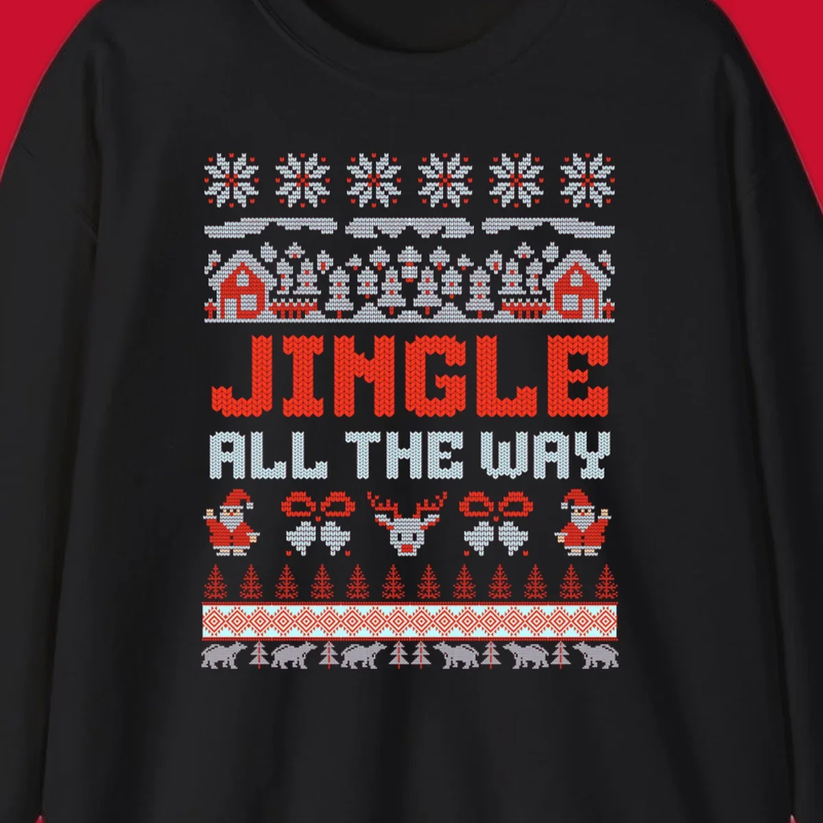 Jingle All The Way Christmas Ugly Sweater Design with Santa, Reindeer, and Snowflakes