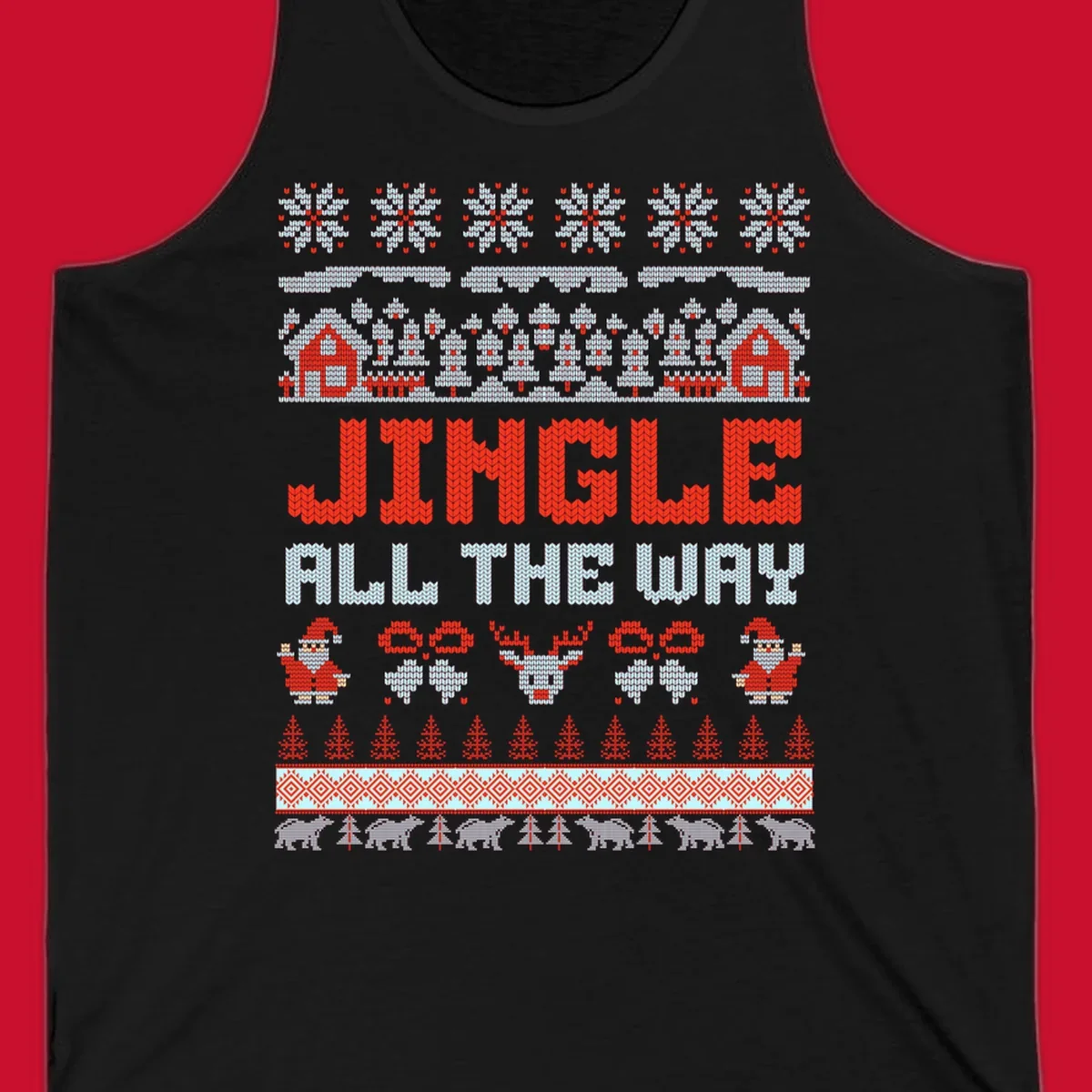 Jingle All The Way Christmas Ugly Sweater Design with Santa, Reindeer, and Snowflakes