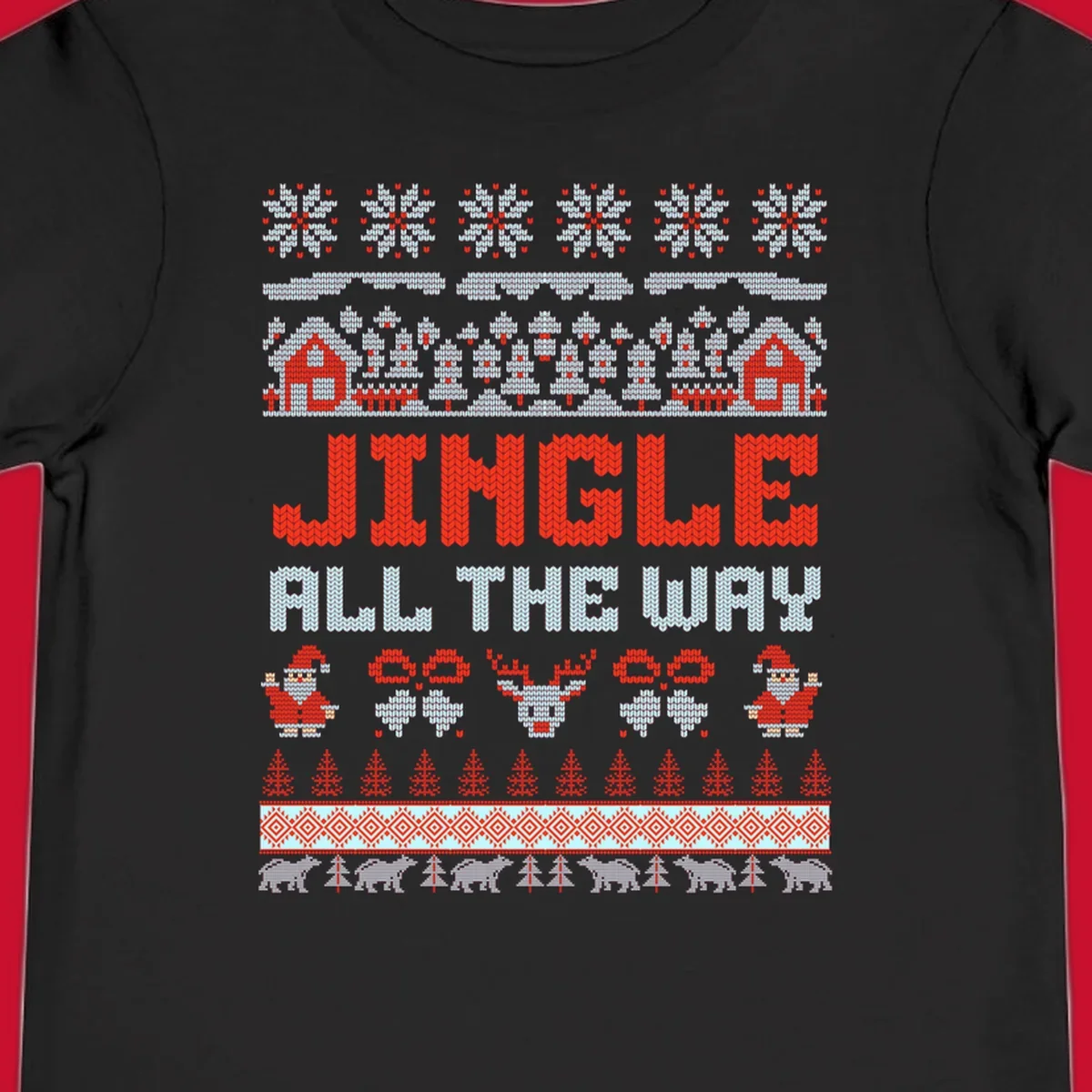 Jingle All The Way Christmas Ugly Sweater Design with Santa, Reindeer, and Snowflakes