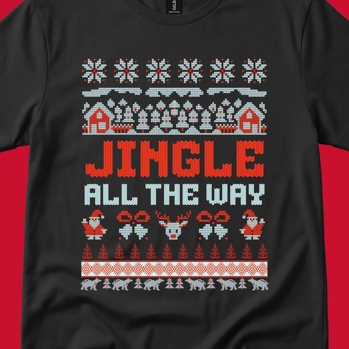 Jingle All The Way Christmas Ugly Sweater Design with Santa, Reindeer, and Snowflakes
