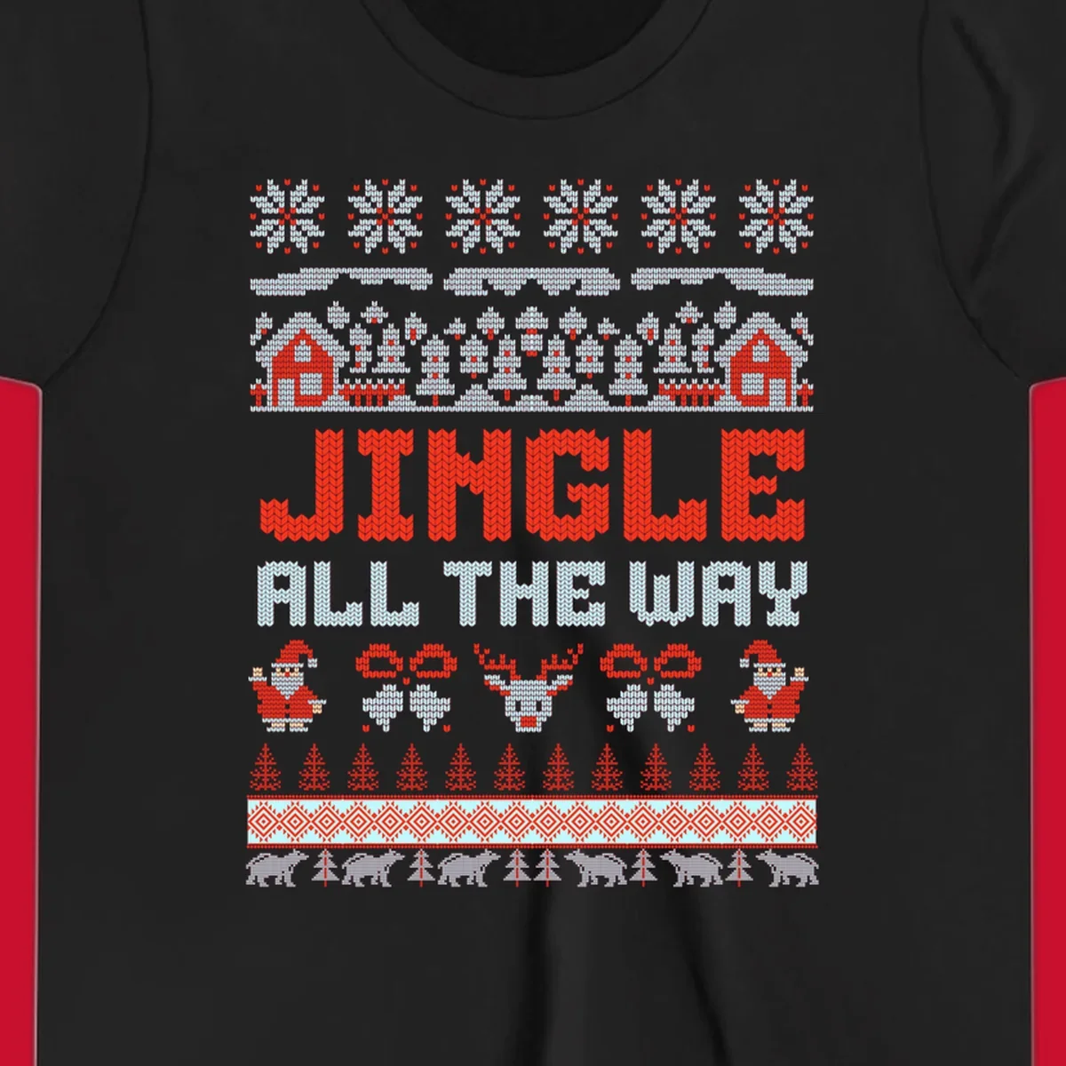 Jingle All The Way Christmas Ugly Sweater Design with Santa, Reindeer, and Snowflakes