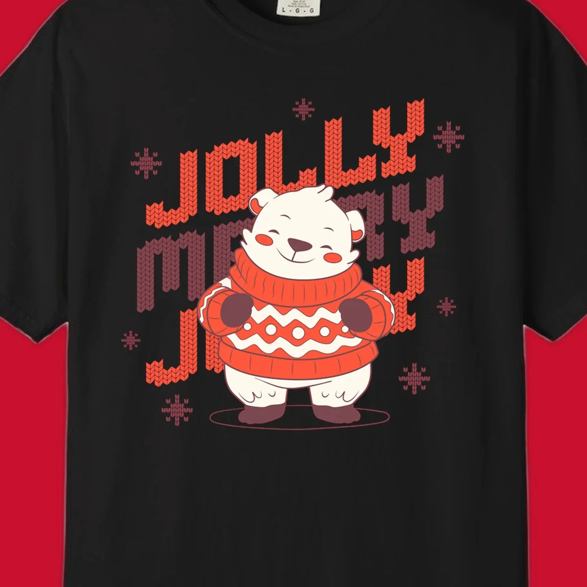 Jolly merry polar bear in a sweater with snowflakes, text: JOLLY MERRY