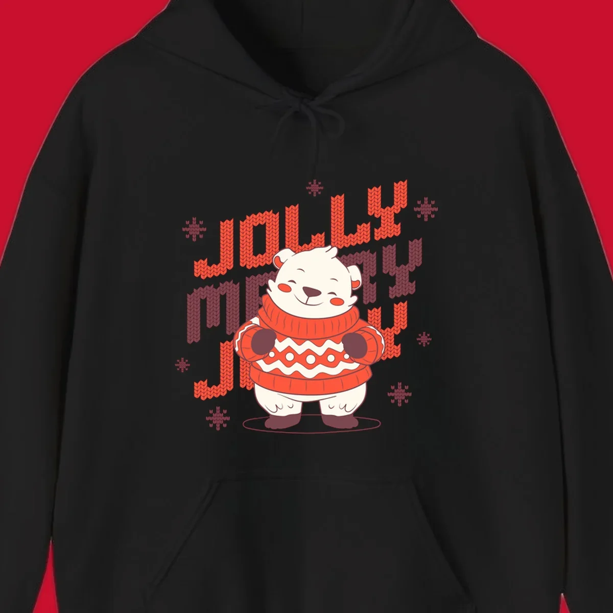 Jolly merry polar bear in a sweater with snowflakes, text: JOLLY MERRY