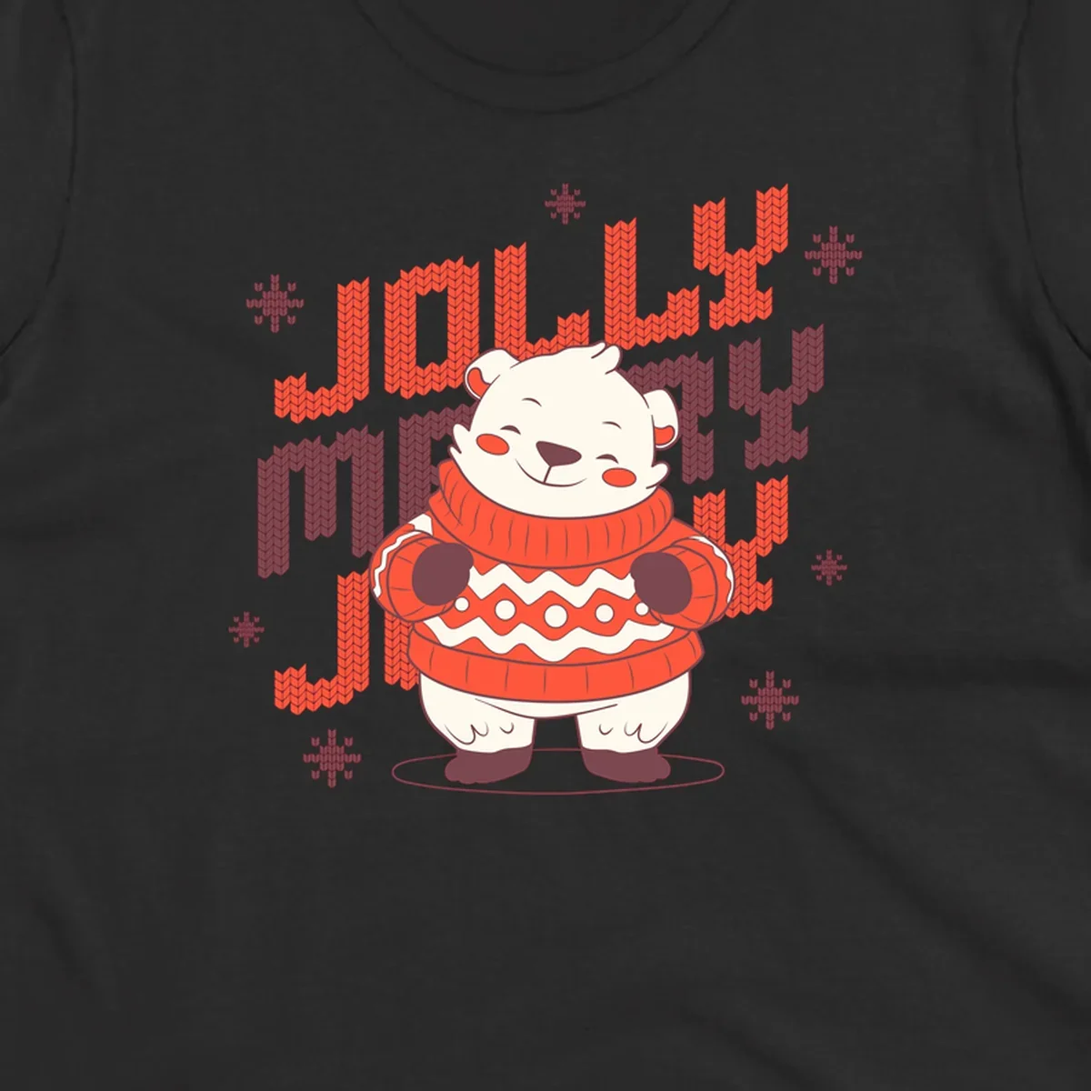 Jolly merry polar bear in a sweater with snowflakes, text: JOLLY MERRY