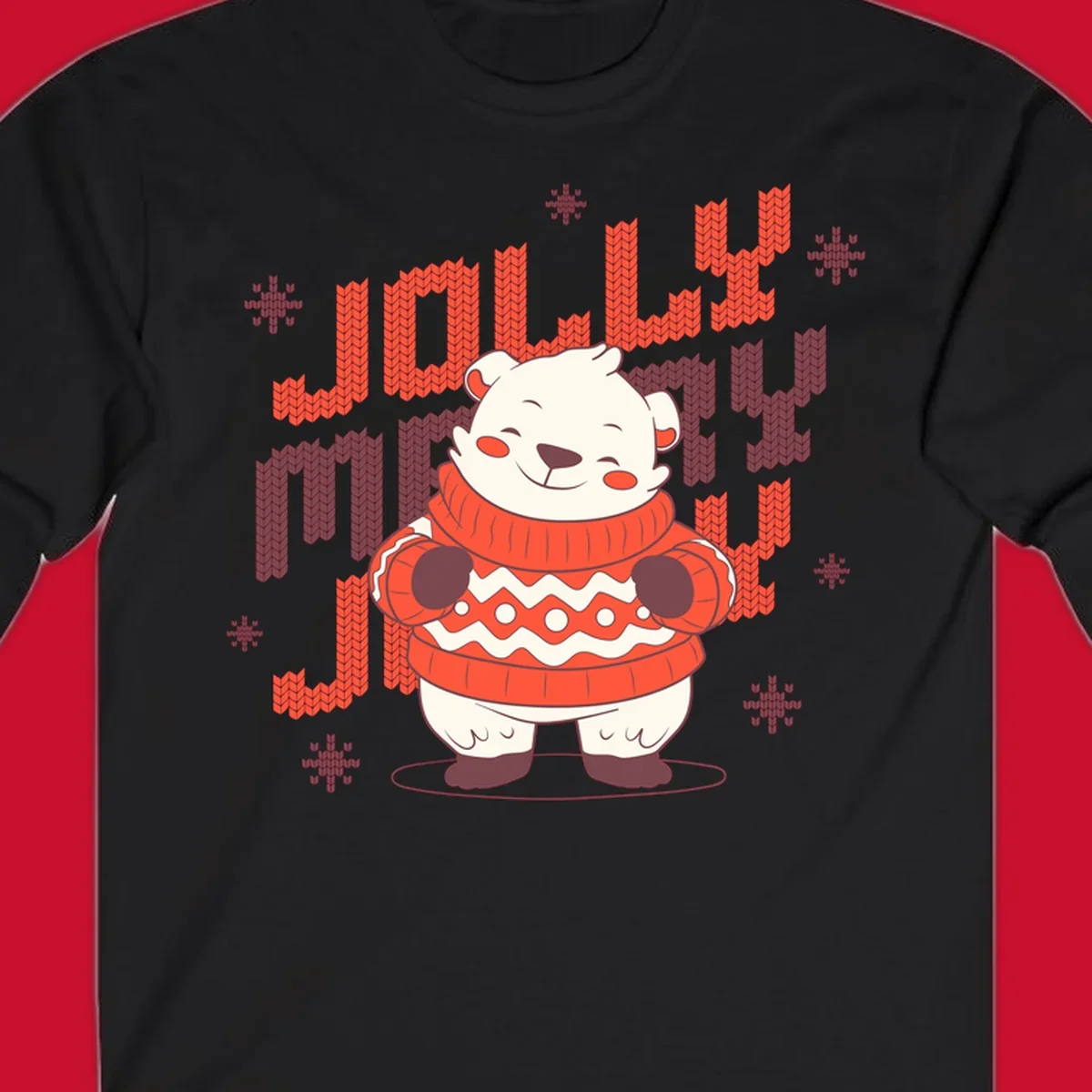 Jolly merry polar bear in a sweater with snowflakes, text: JOLLY MERRY