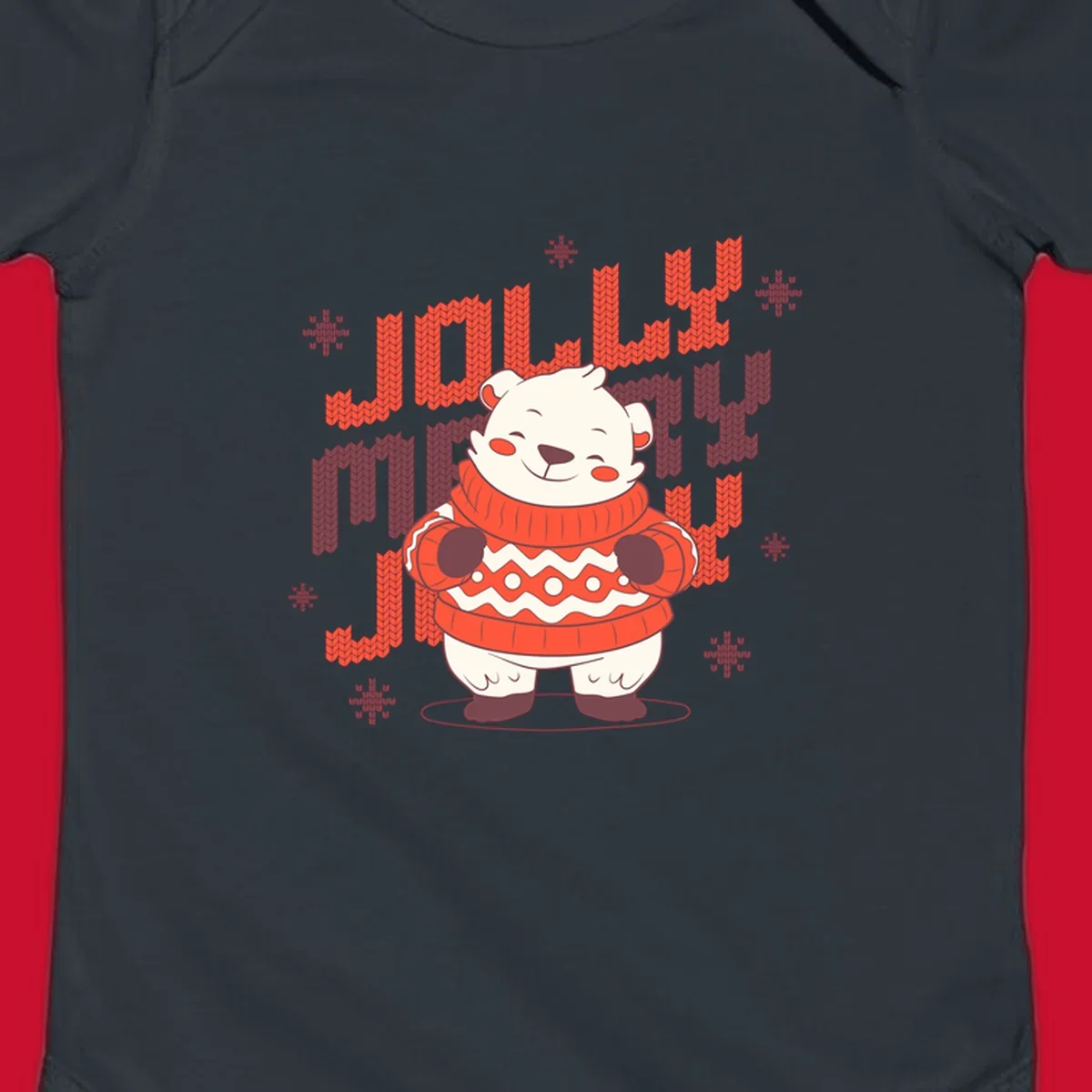 Jolly merry polar bear in a sweater with snowflakes, text: JOLLY MERRY