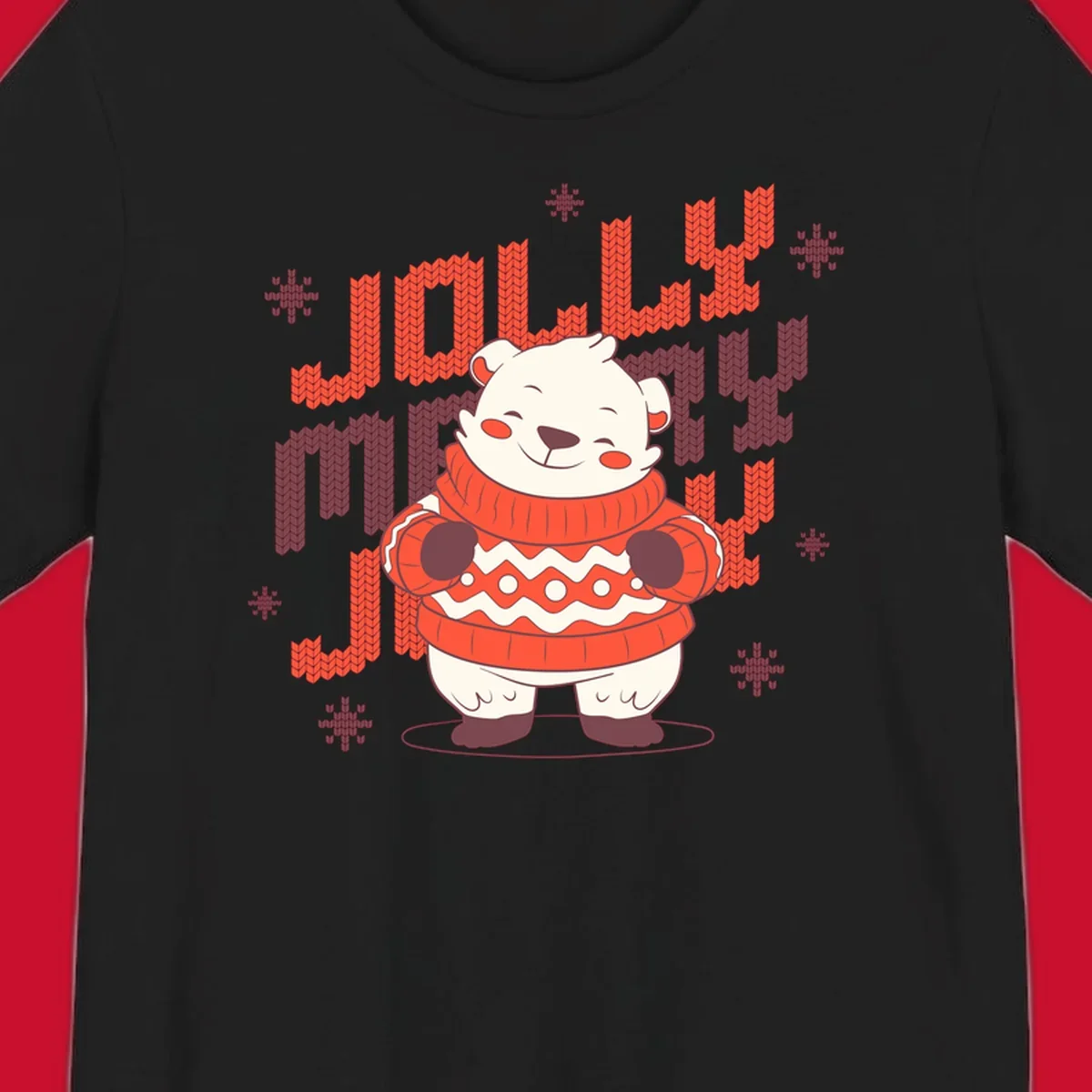 Jolly merry polar bear in a sweater with snowflakes, text: JOLLY MERRY