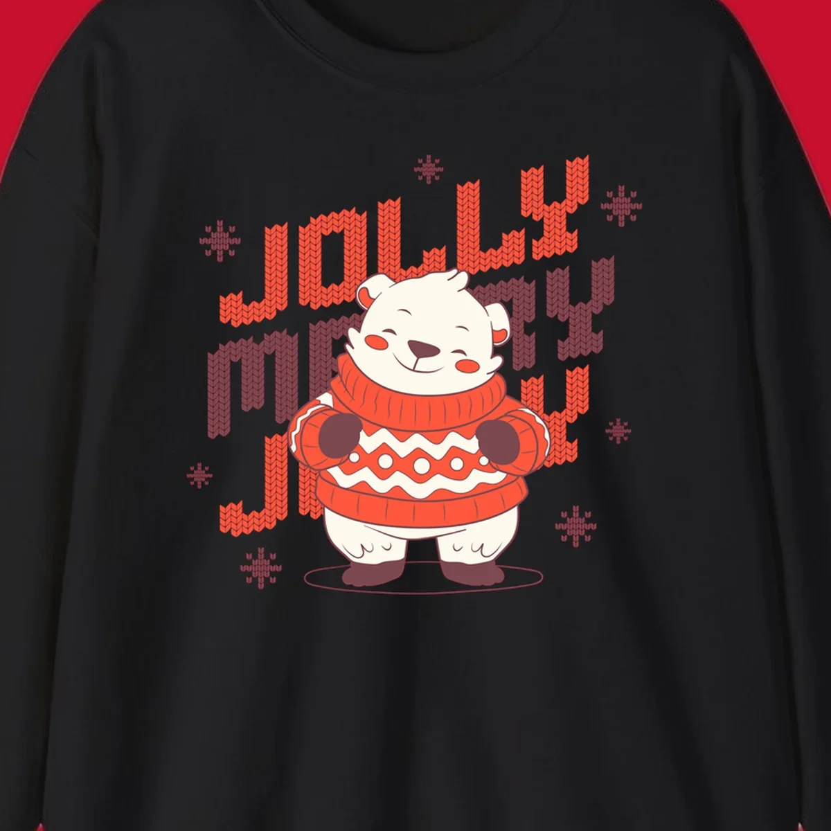 Jolly merry polar bear in a sweater with snowflakes, text: JOLLY MERRY