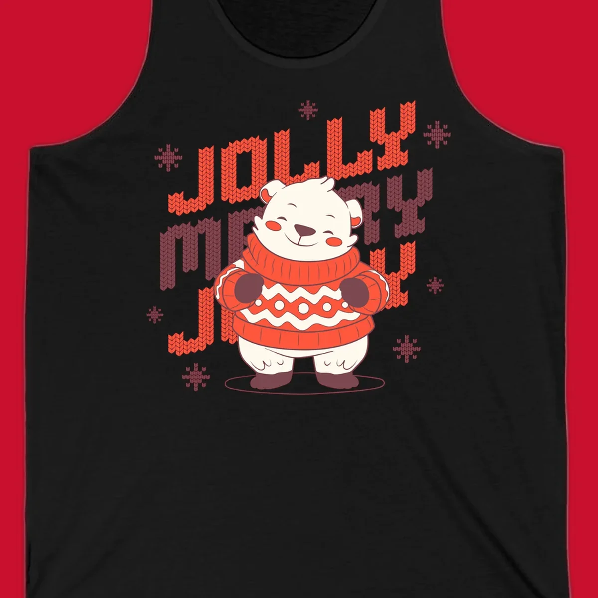 Jolly merry polar bear in a sweater with snowflakes, text: JOLLY MERRY