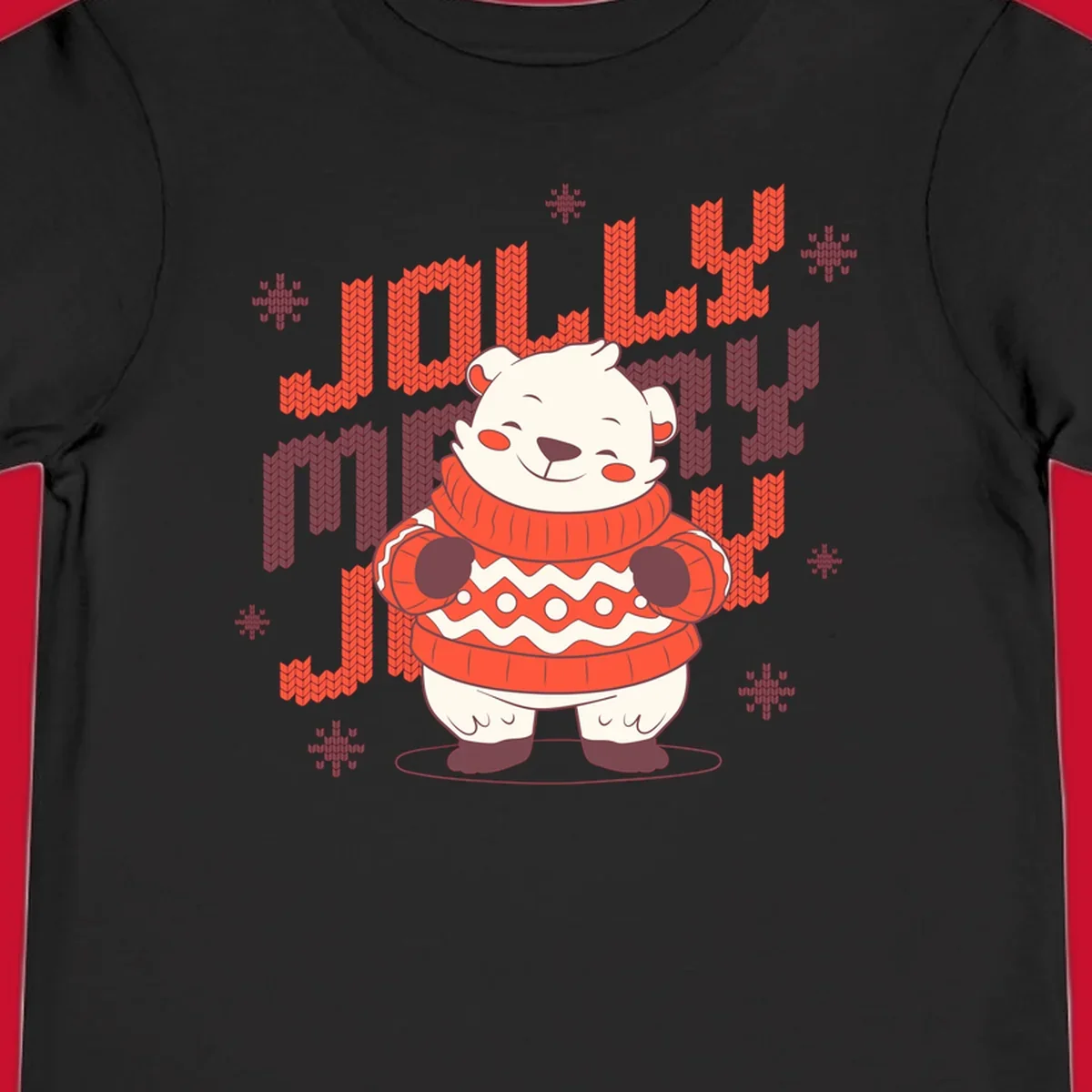 Jolly merry polar bear in a sweater with snowflakes, text: JOLLY MERRY