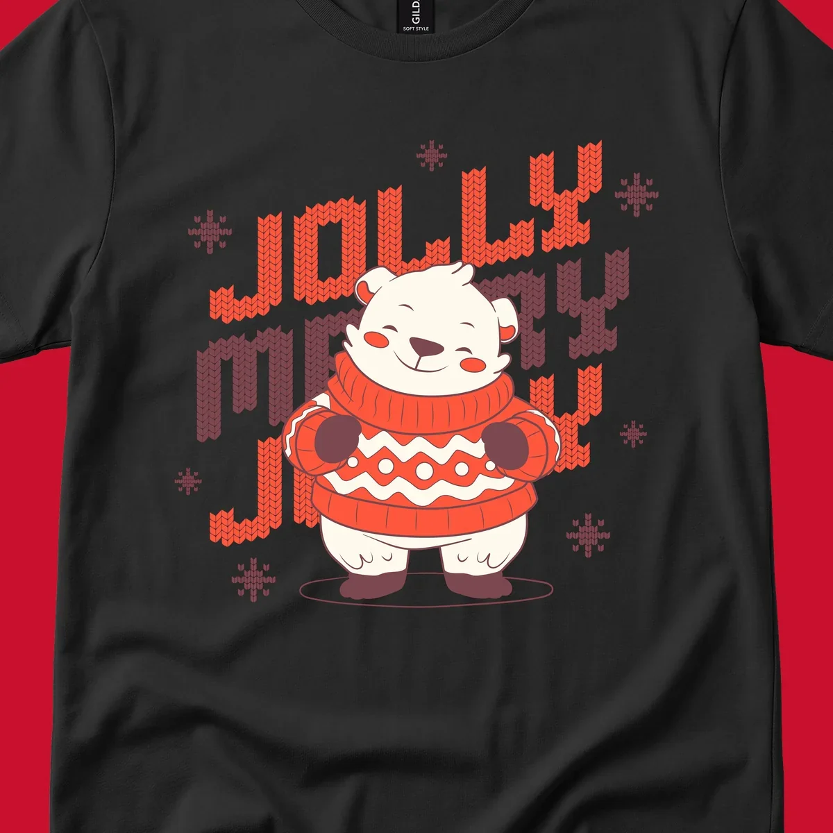 Jolly merry polar bear in a sweater with snowflakes, text: JOLLY MERRY