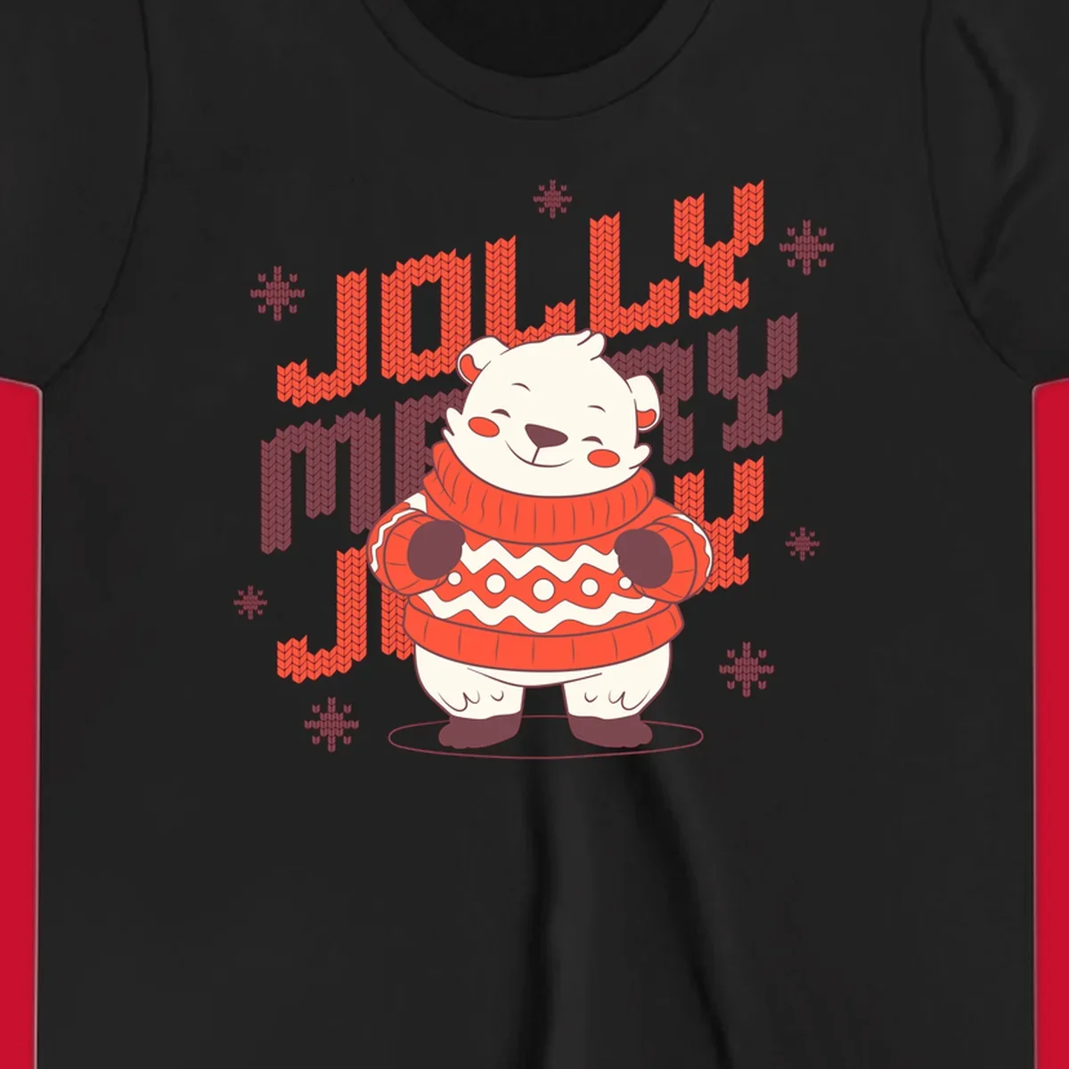 Jolly merry polar bear in a sweater with snowflakes, text: JOLLY MERRY