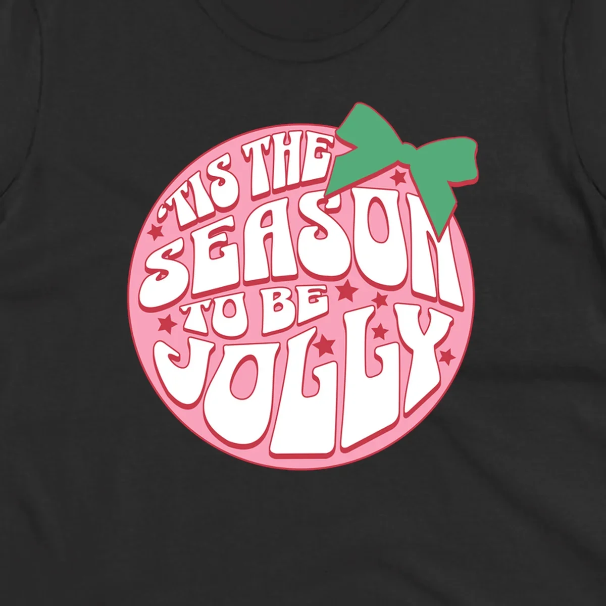 Tis the season to be jolly text with bow and stars, pink oval