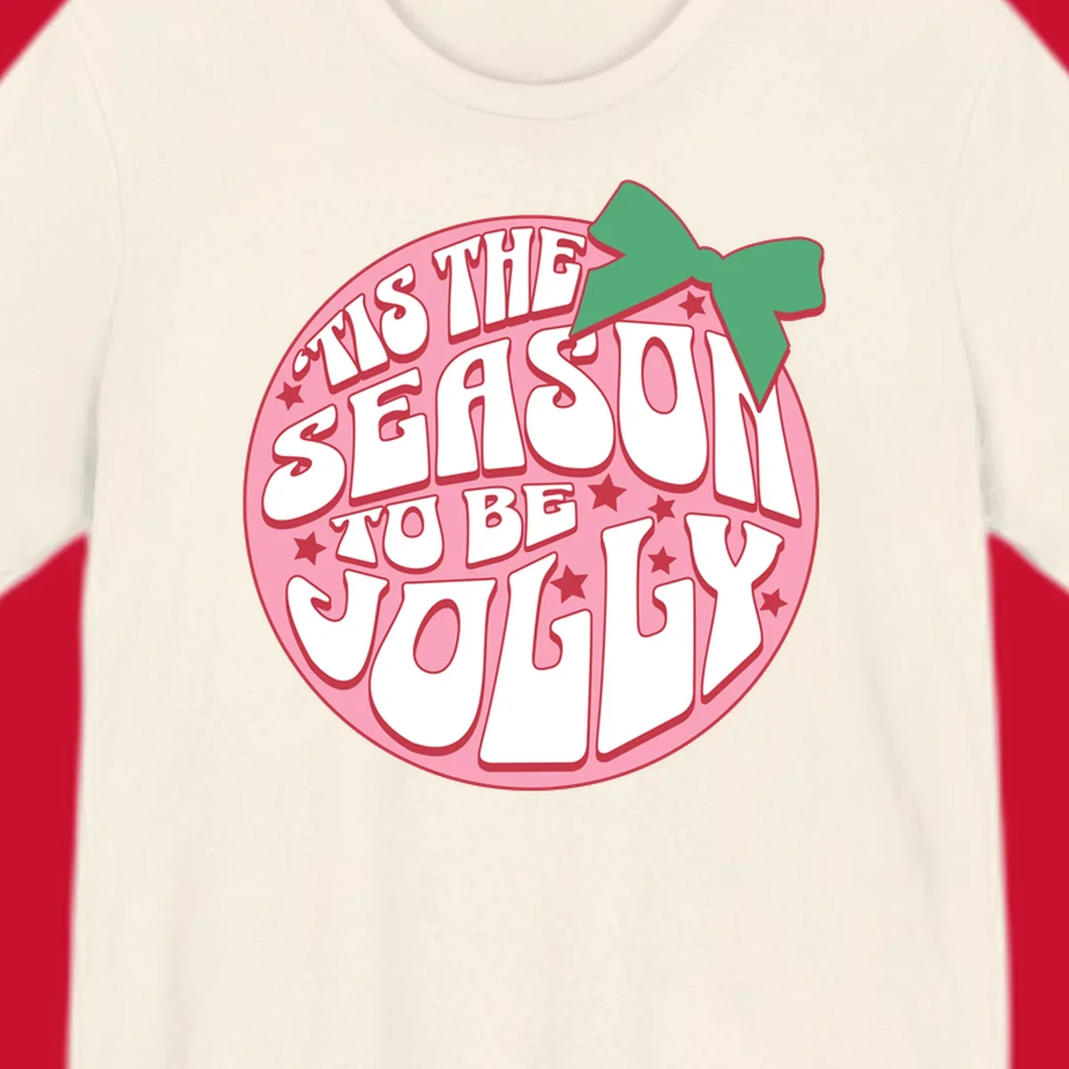 Tis the season to be jolly text with bow and stars, pink oval