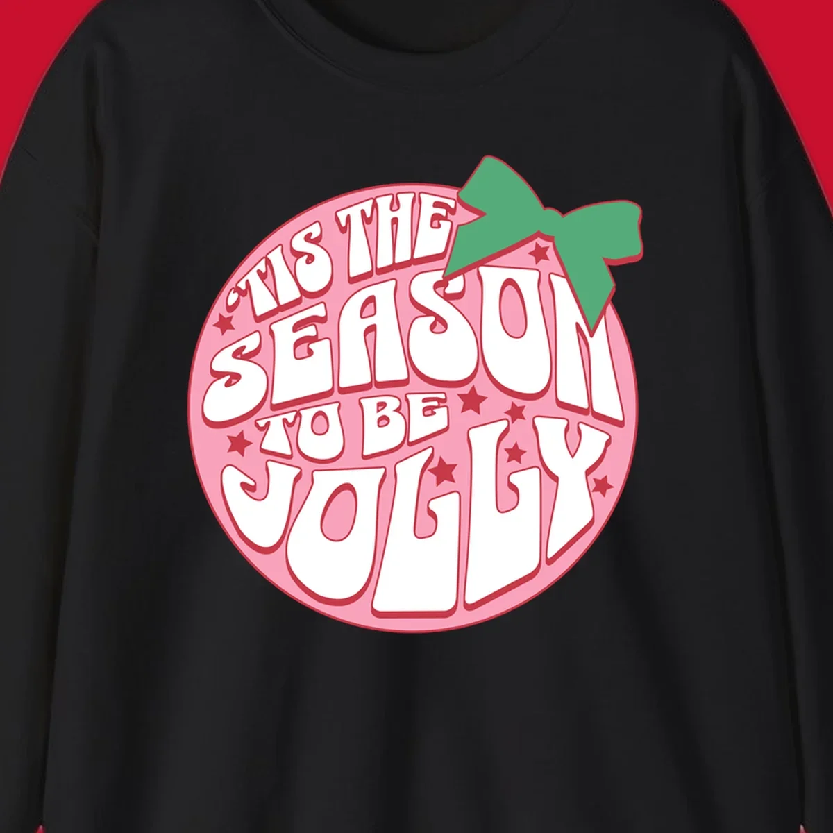 Tis the season to be jolly text with bow and stars, pink oval