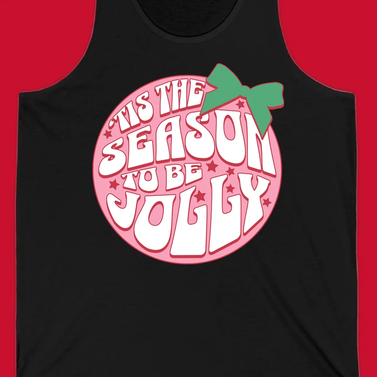 Tis the season to be jolly text with bow and stars, pink oval