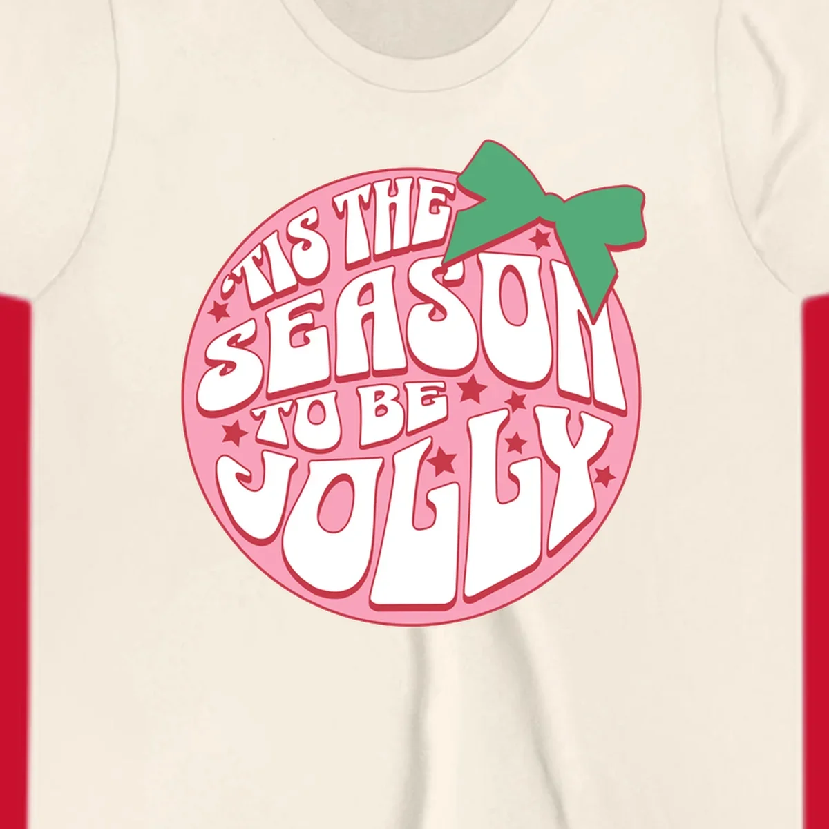 Tis the season to be jolly text with bow and stars, pink oval