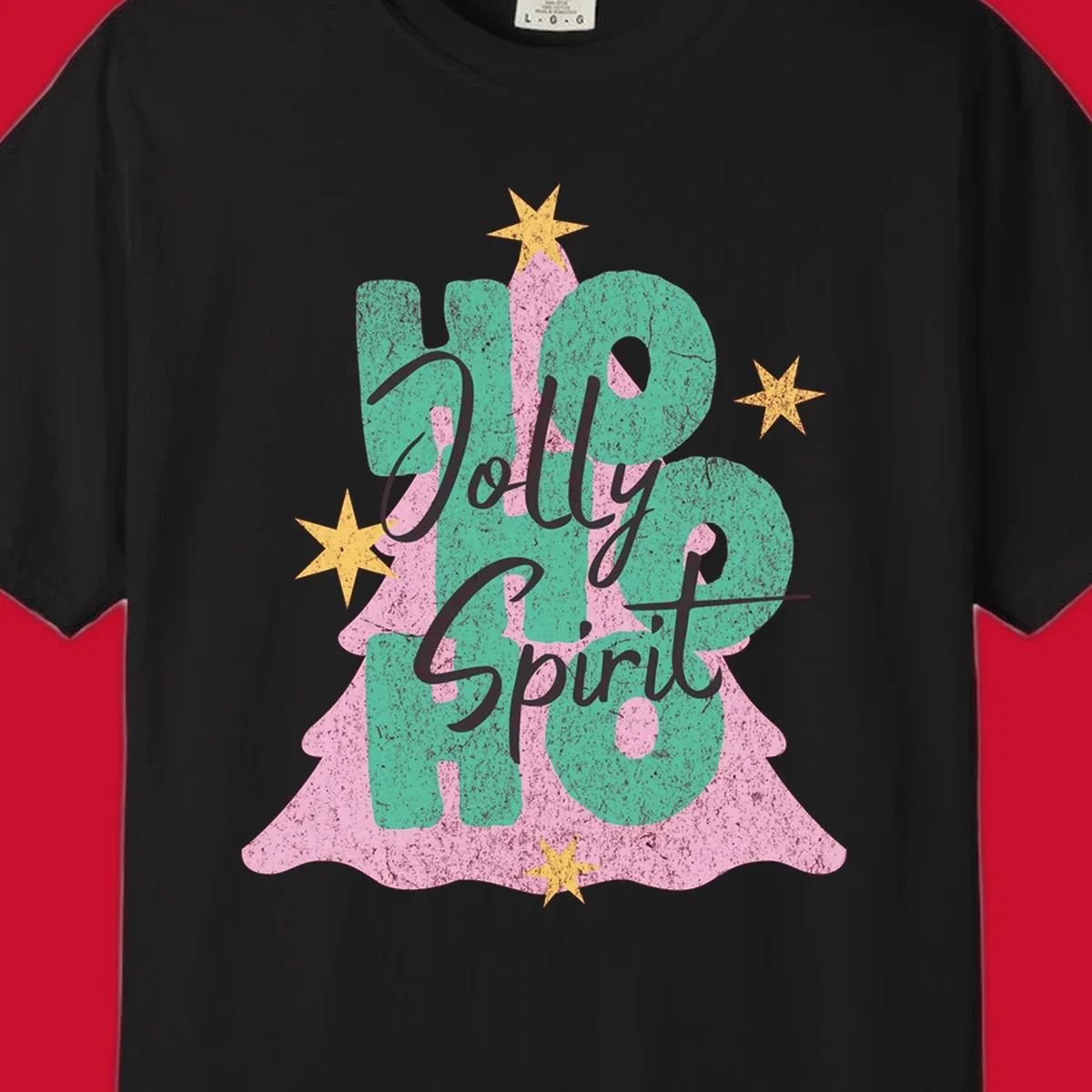 Jolly Ho Ho Spirit text and Christmas tree graphic with stars.
