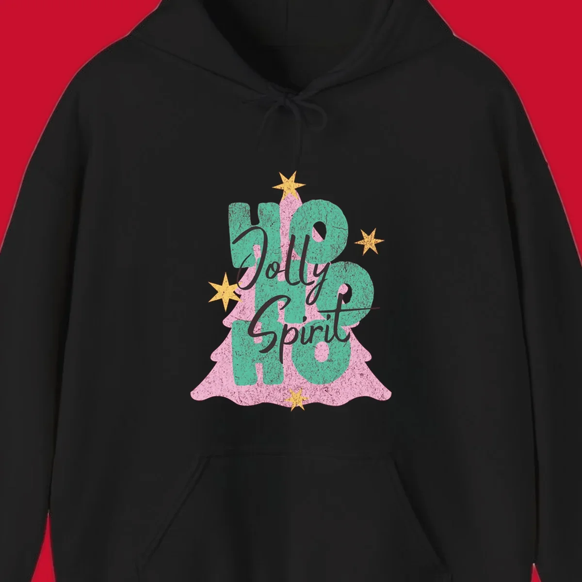 Jolly Ho Ho Spirit text and Christmas tree graphic with stars.