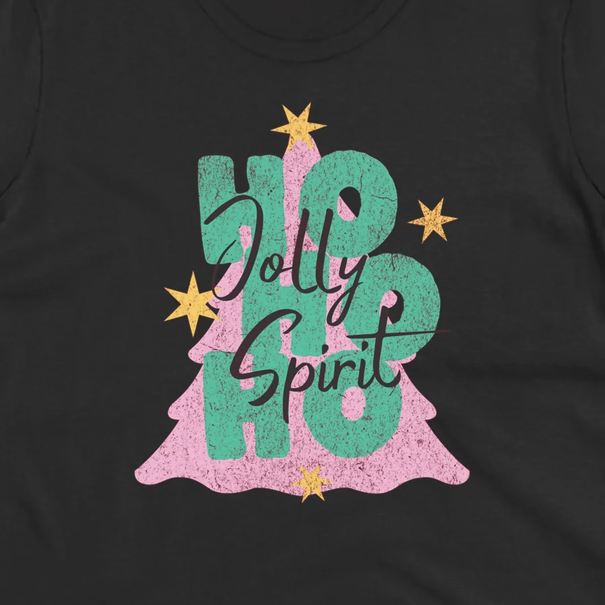 Jolly Ho Ho Spirit text and Christmas tree graphic with stars.