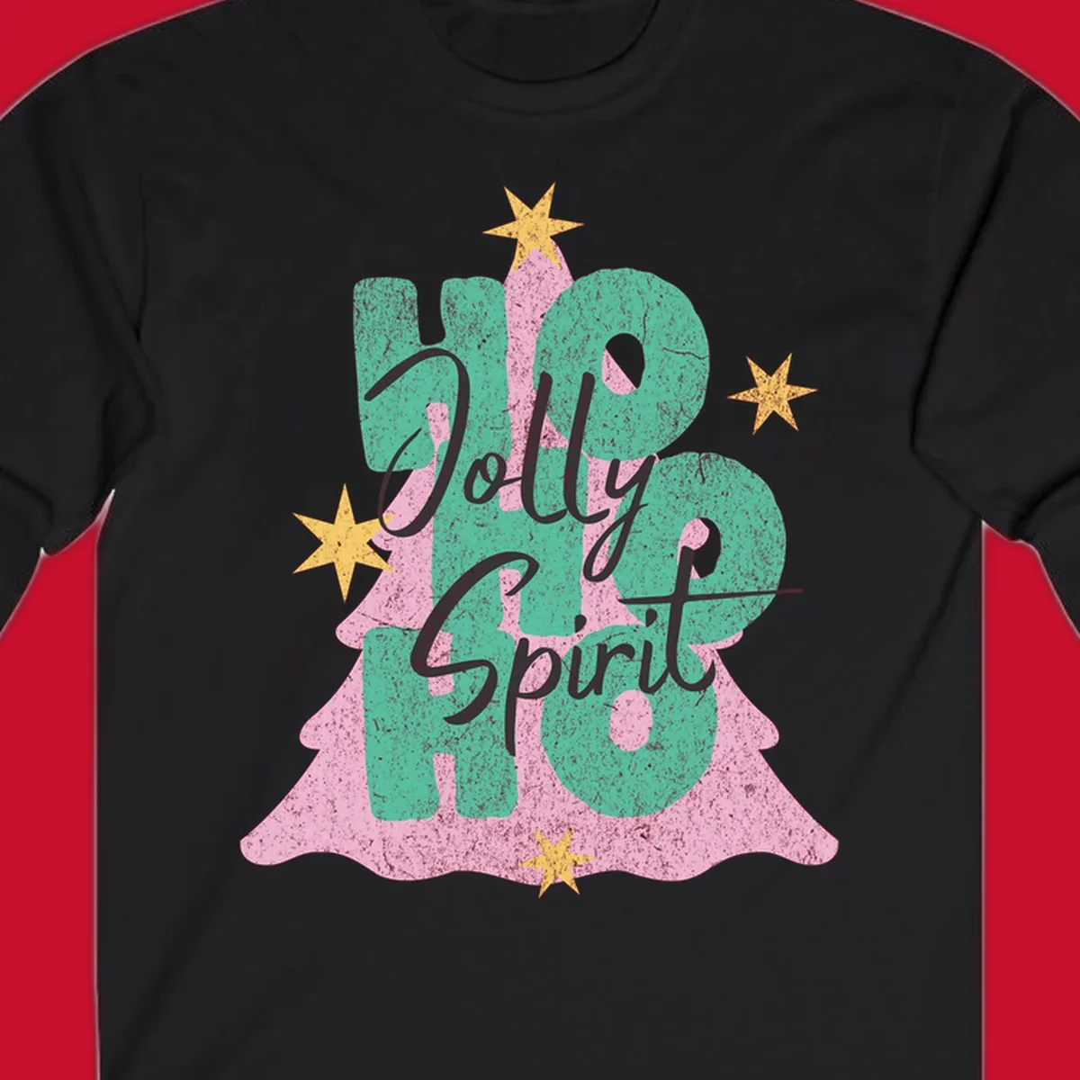 Jolly Ho Ho Spirit text and Christmas tree graphic with stars.