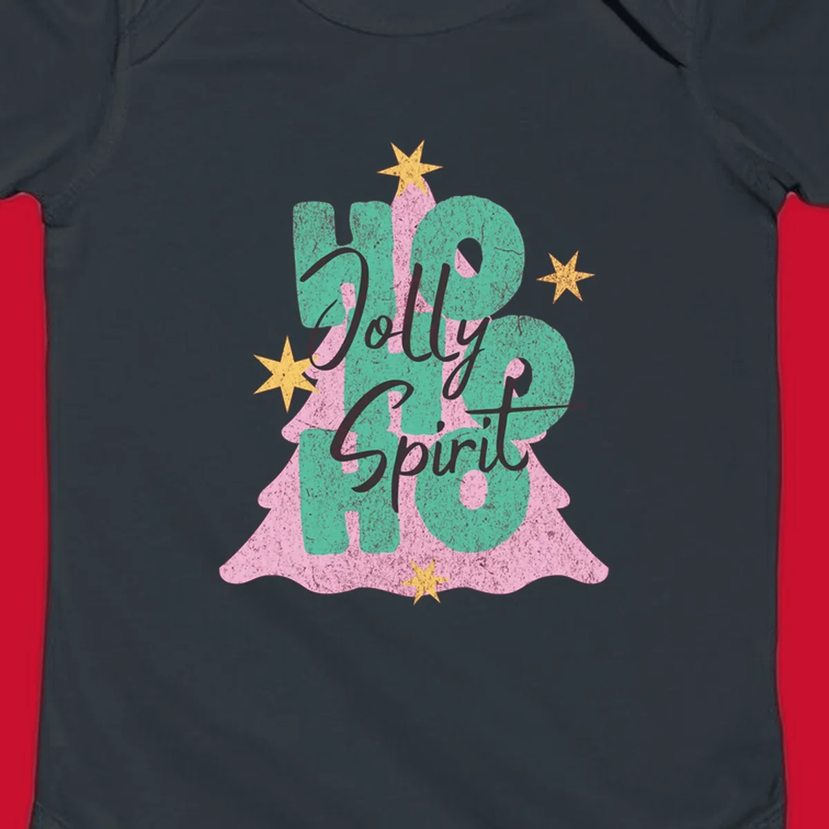 Jolly Ho Ho Spirit text and Christmas tree graphic with stars.