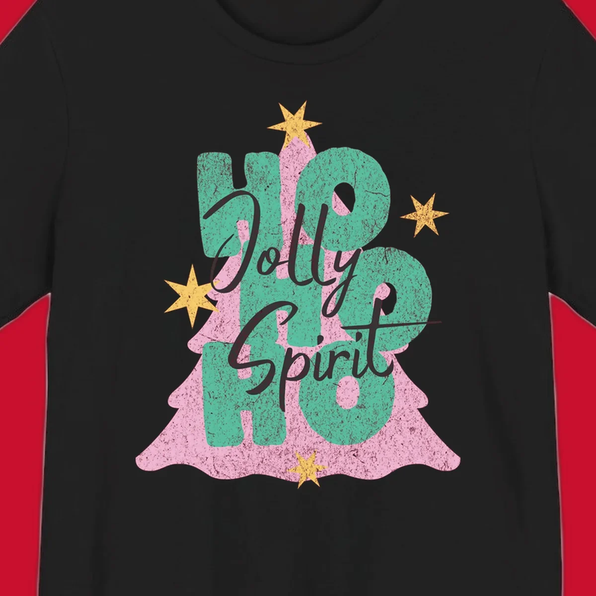 Jolly Ho Ho Spirit text and Christmas tree graphic with stars.
