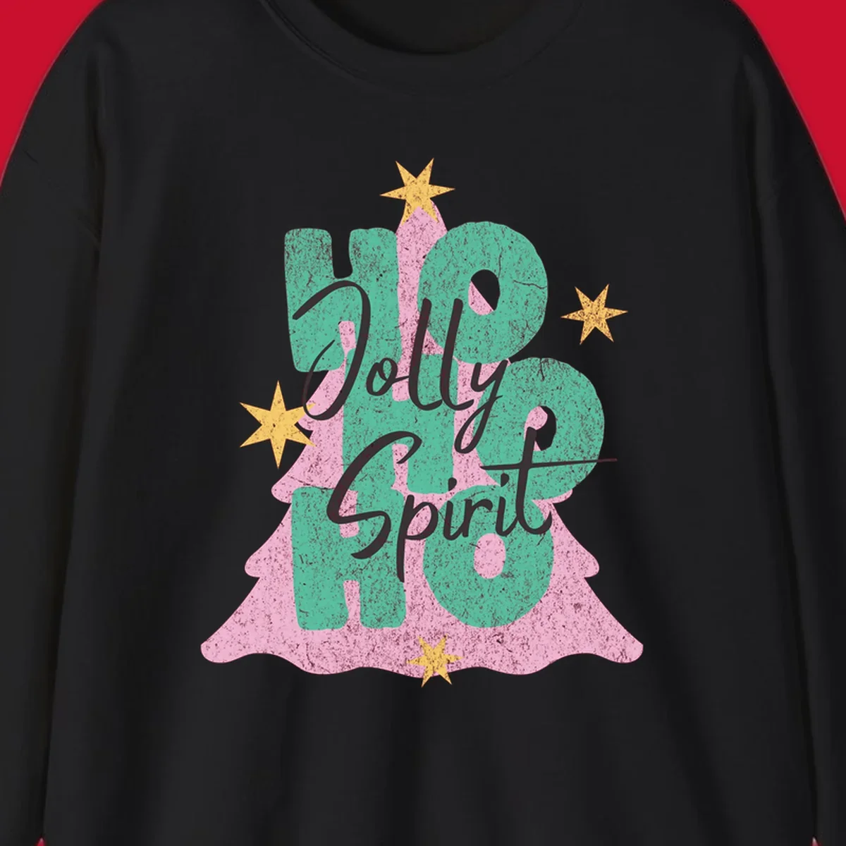 Jolly Ho Ho Spirit text and Christmas tree graphic with stars.