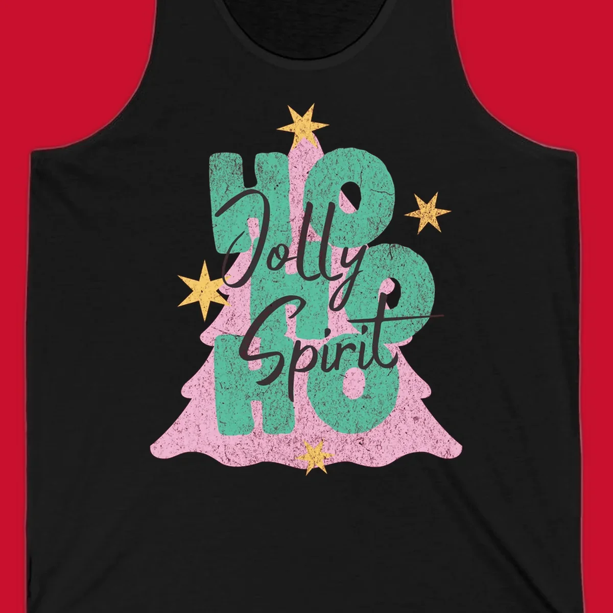 Jolly Ho Ho Spirit text and Christmas tree graphic with stars.