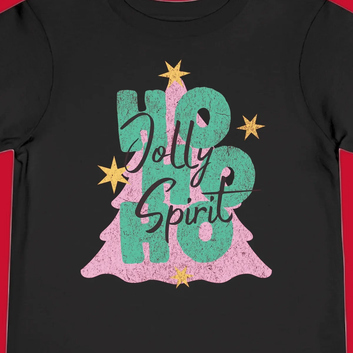 Jolly Ho Ho Spirit text and Christmas tree graphic with stars.