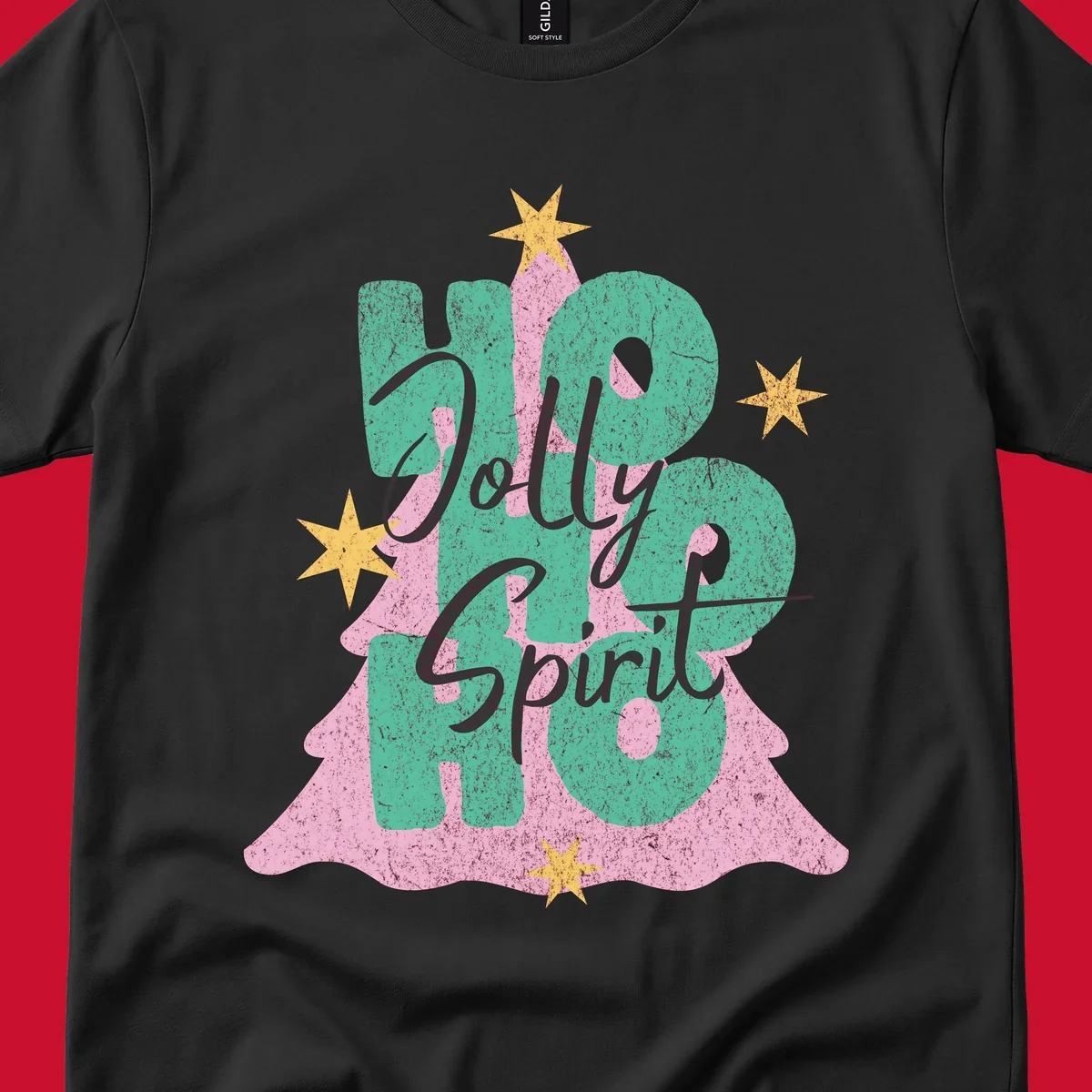 Jolly Ho Ho Spirit text and Christmas tree graphic with stars.