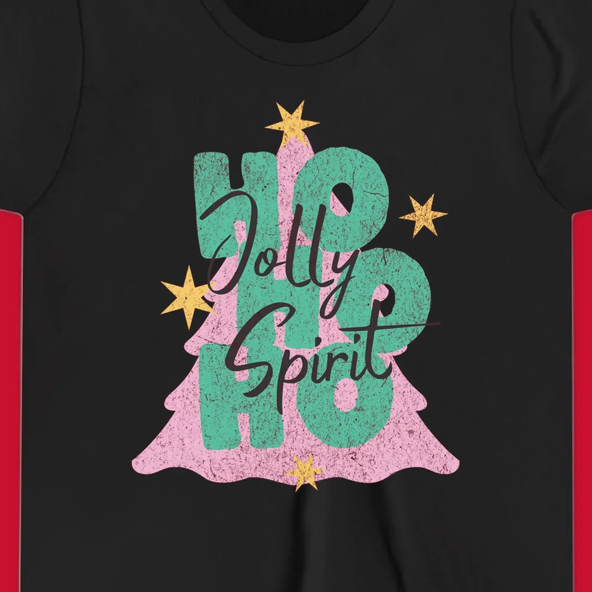 Jolly Ho Ho Spirit text and Christmas tree graphic with stars.