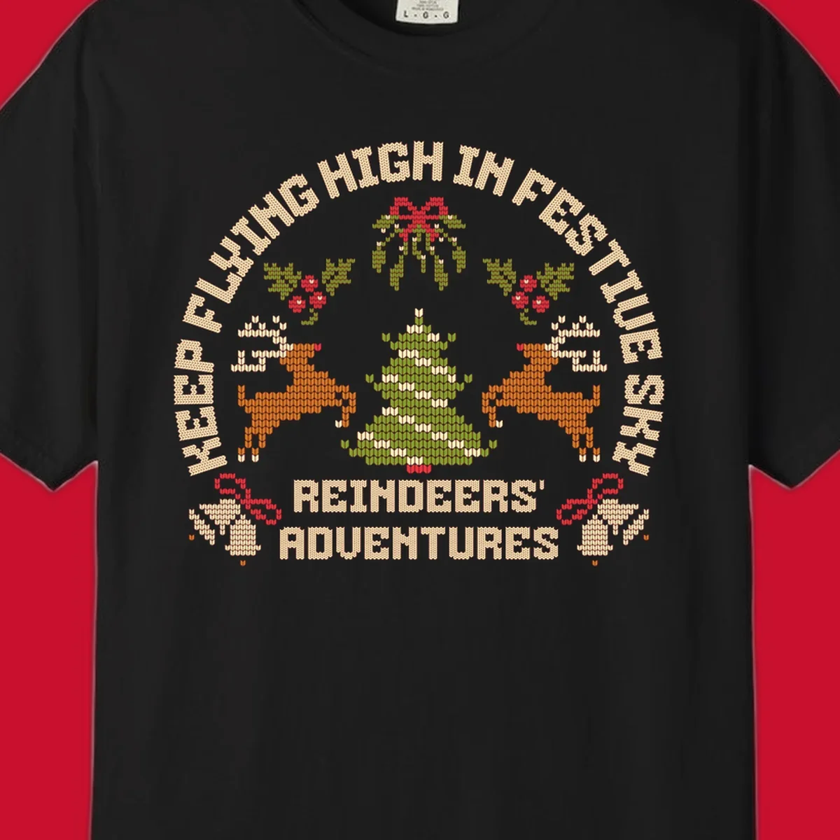 Festivus reindeer adventure holiday design with knitted style elements and text.