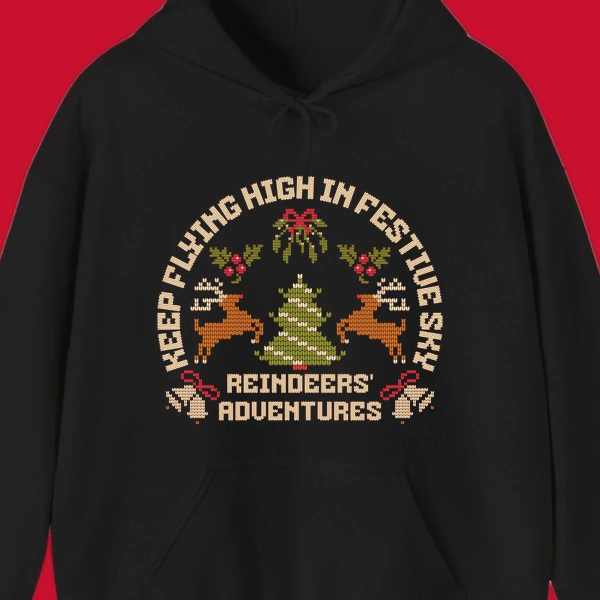 Festivus reindeer adventure holiday design with knitted style elements and text.