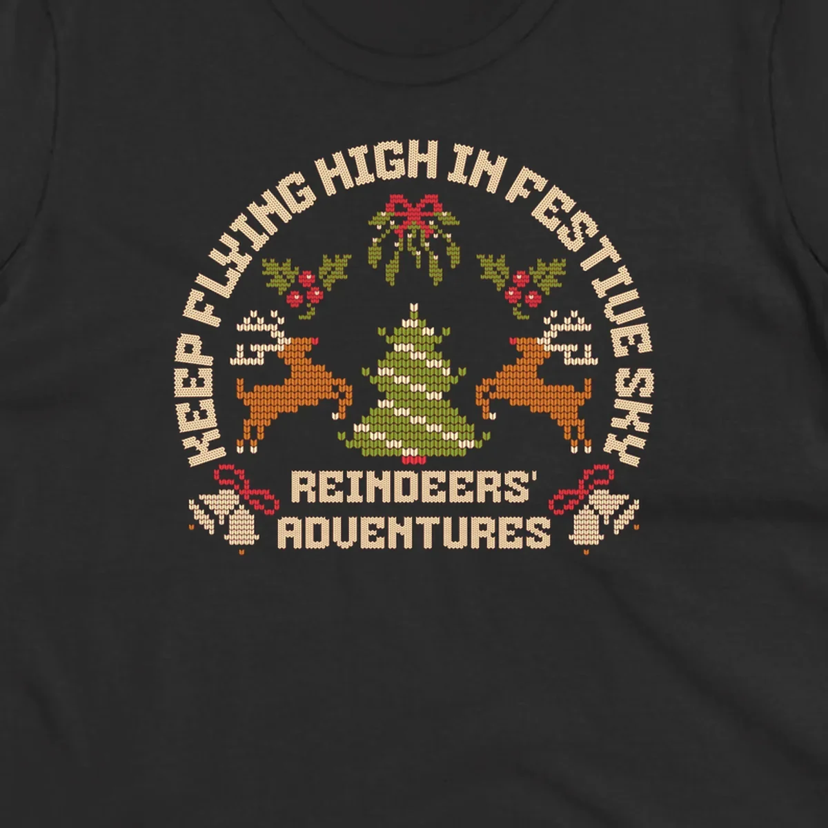 Festivus reindeer adventure holiday design with knitted style elements and text.