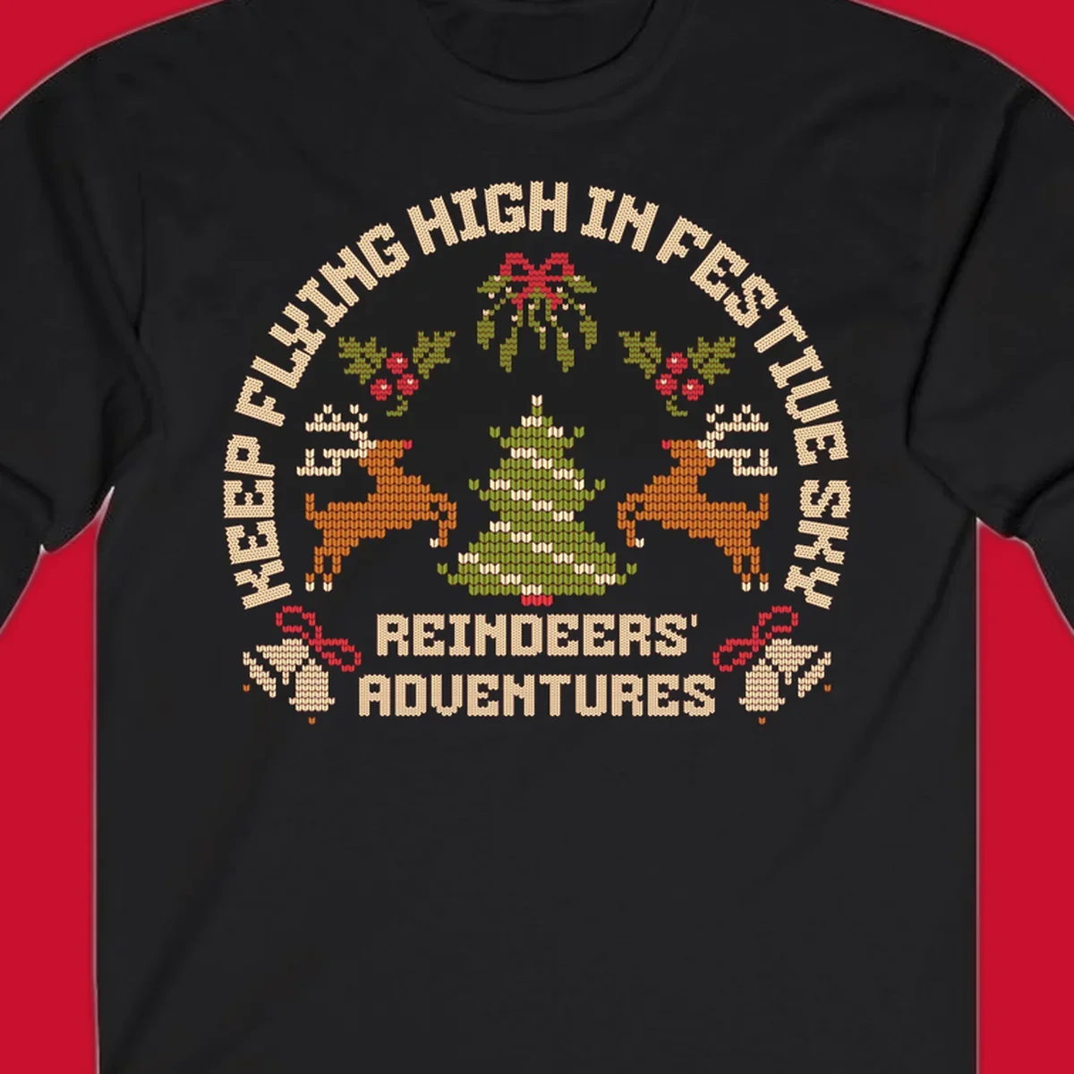 Festivus reindeer adventure holiday design with knitted style elements and text.