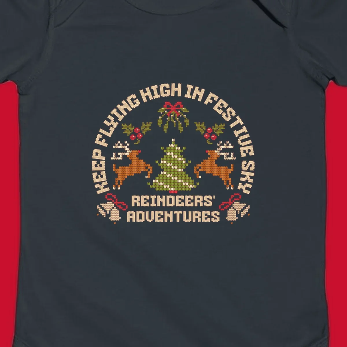 Festivus reindeer adventure holiday design with knitted style elements and text.