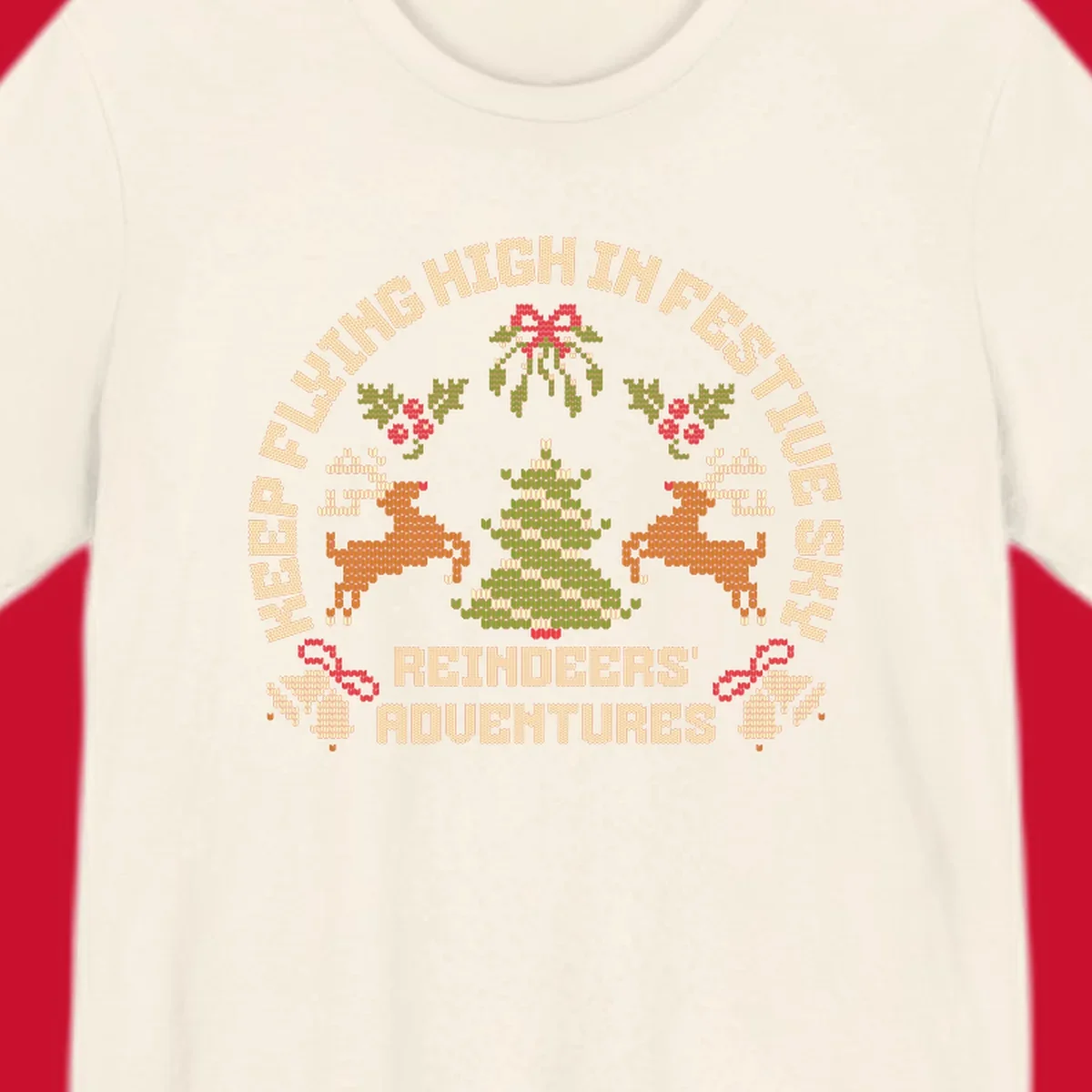 Festivus reindeer adventure holiday design with knitted style elements and text.