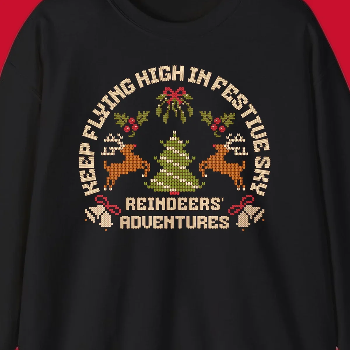Festivus reindeer adventure holiday design with knitted style elements and text.