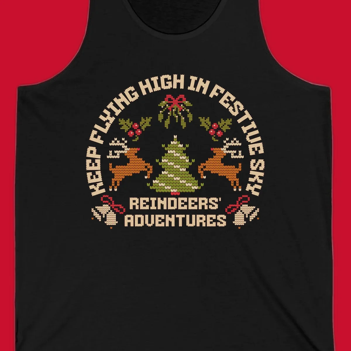 Festivus reindeer adventure holiday design with knitted style elements and text.