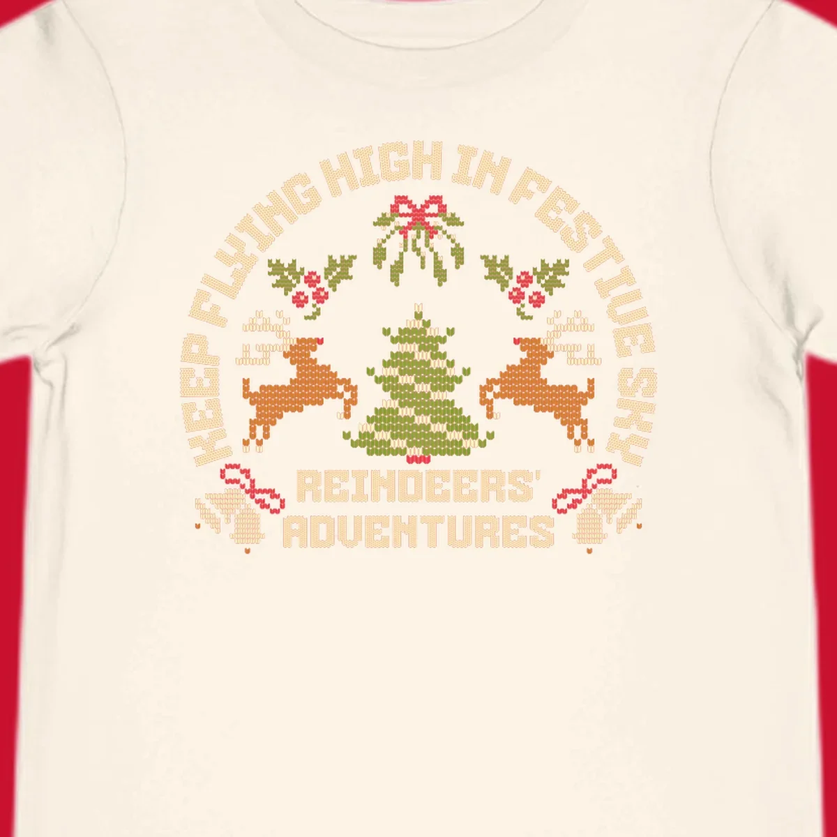 Festivus reindeer adventure holiday design with knitted style elements and text.