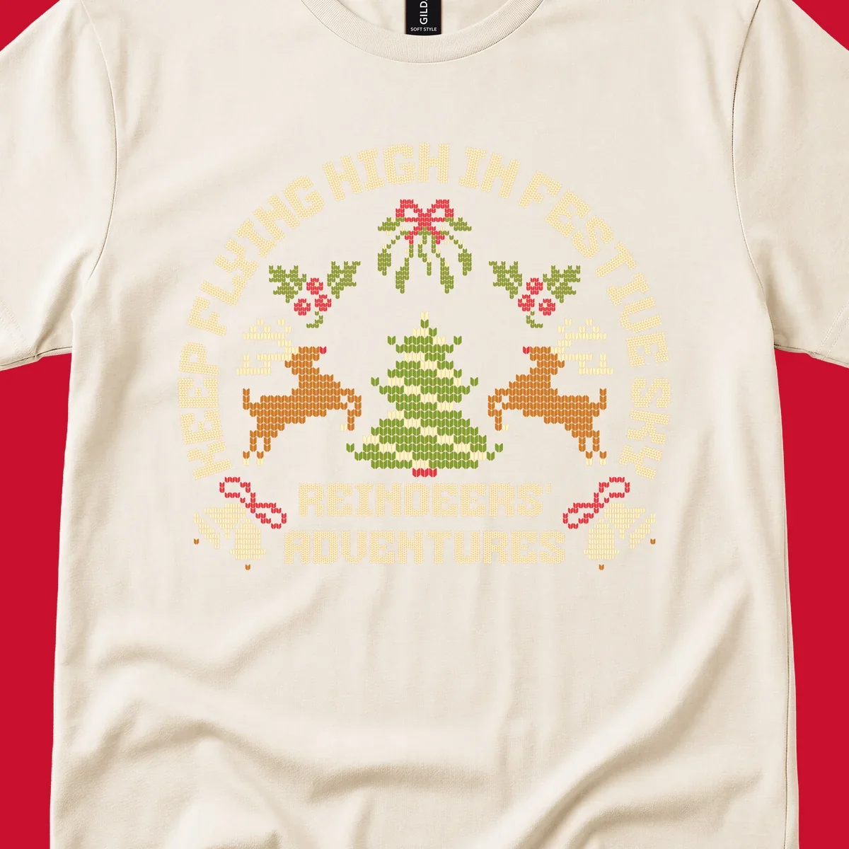 Festivus reindeer adventure holiday design with knitted style elements and text.
